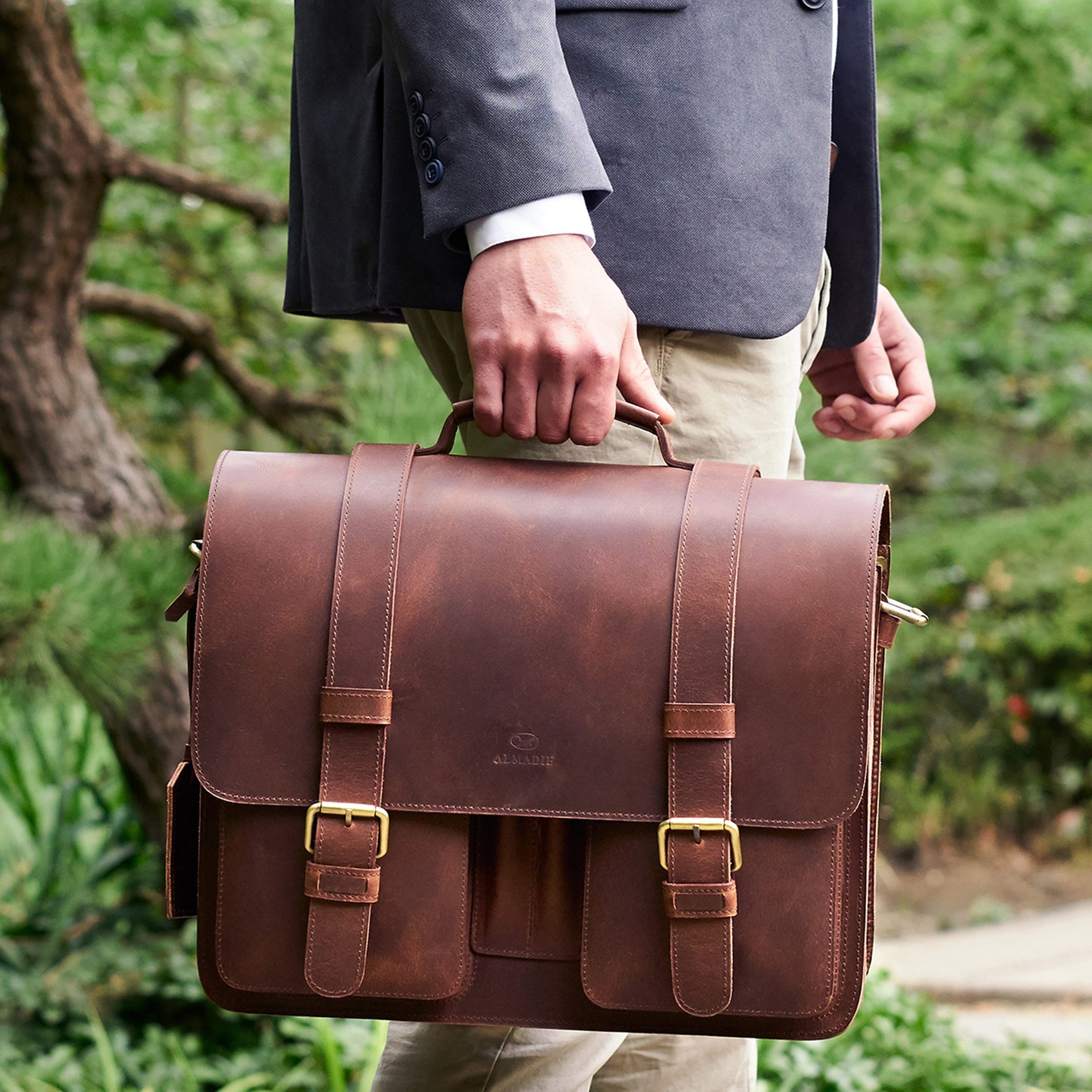 ALMADIH Aktentasche XL Leder Herren Businesstasche ROY Laptoptasche braun