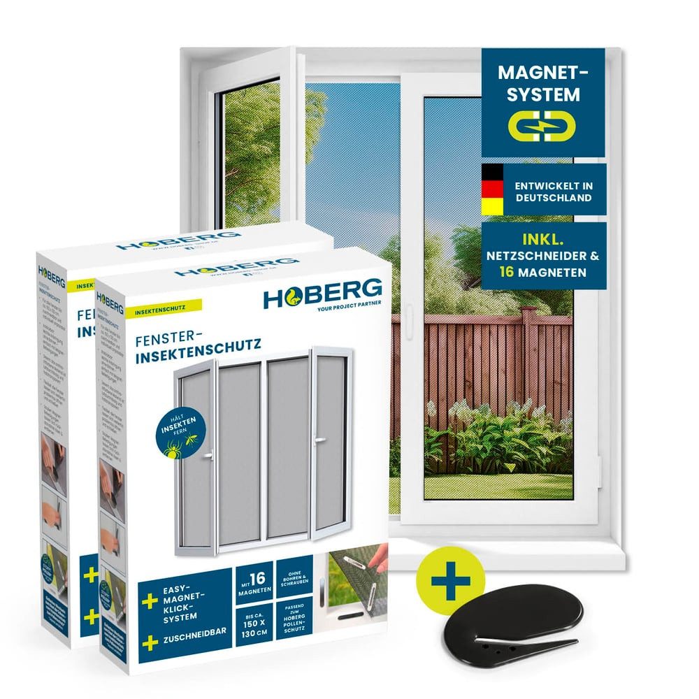 Hoberg Insektenschutz-Fensterrahmen Fenster-Fliegengitter mit innovativer Magnetbefestigung, (2-St), Fliegennetz bis 150x130cm individuell zuschneidbar