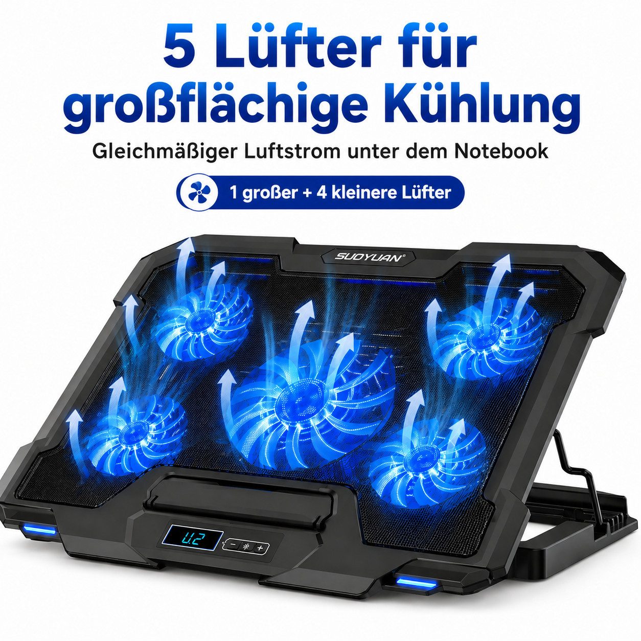 Fyrove Notebook-Kühler Gaming Laptop Kühler mit 5 Lüftern, LCD-Anzeige, 6 Geschwindigkeitsstufen, Kühlpad für 12–17,3 Zoll, höhenverstellbar – Bild 2 von 5