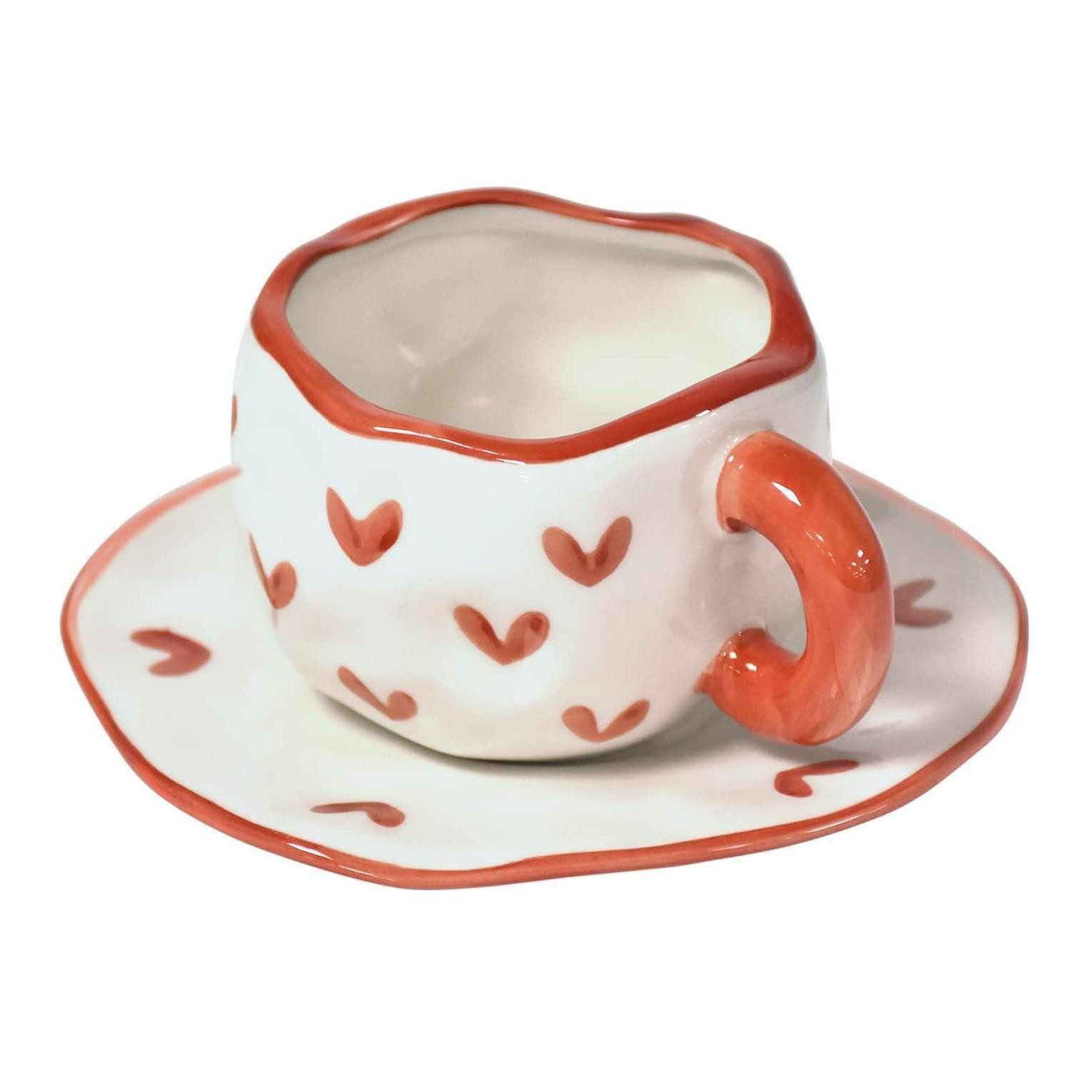 LuxusKollektion Tasse Kaffeetasse mit Untertasse Herz Rot 300ml, Keramik