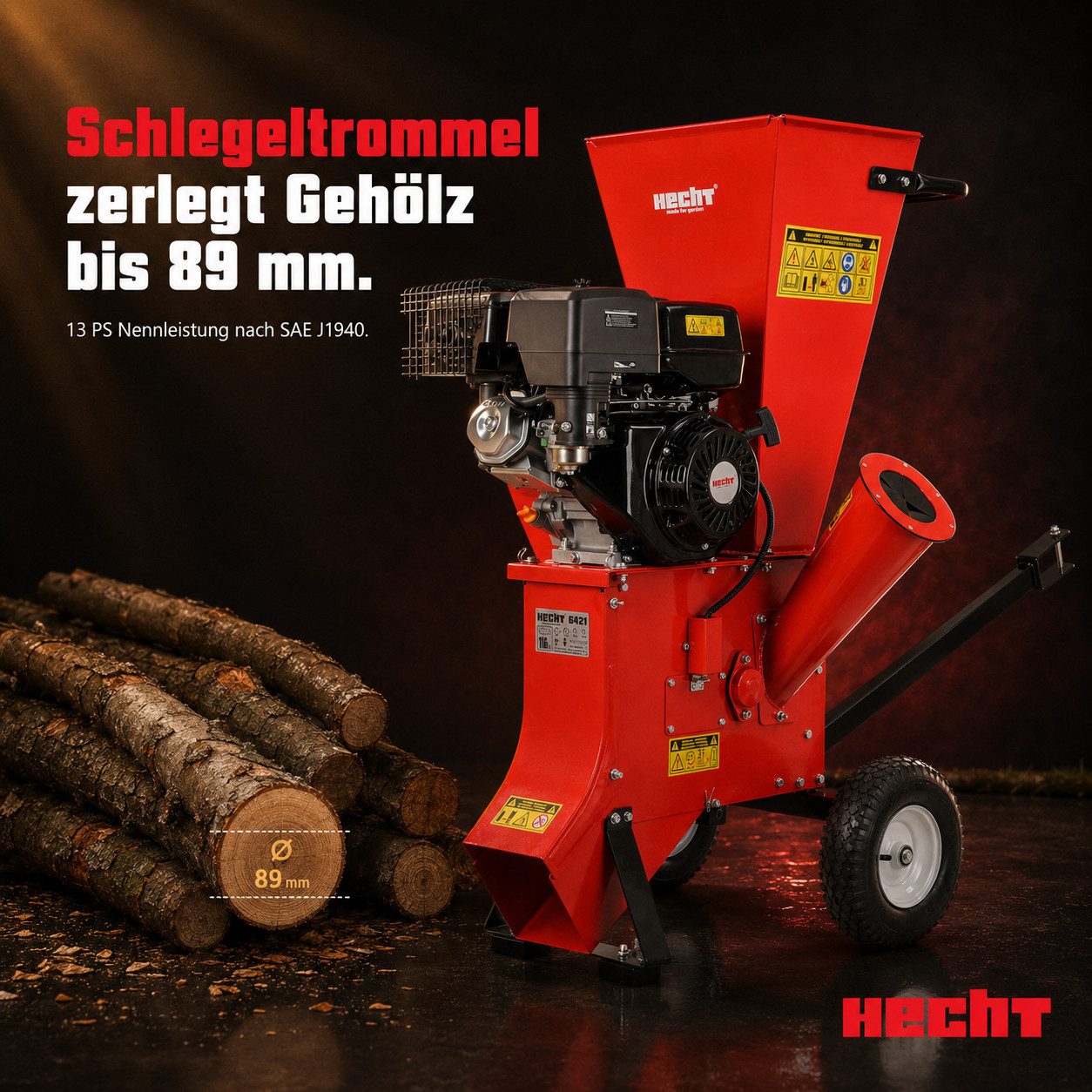Hecht Messerhäcksler Gartenhäcksler Benzin 6421, 8,90 cm max. Astdurchmesser, 13 PS, 10 Häckselmessern, 389 cm³, Transporträder