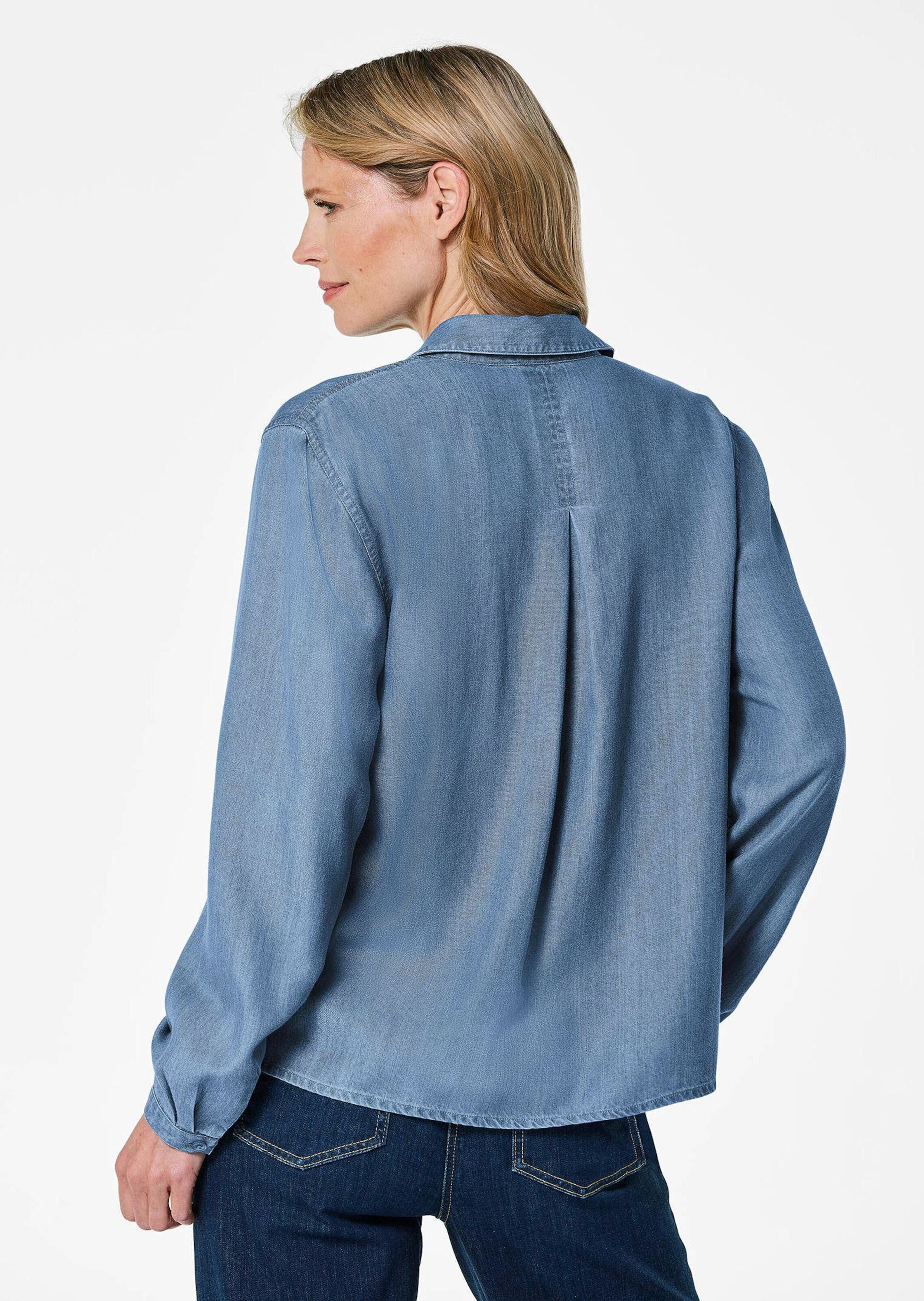 GOLDNER Klassische Bluse Denimbluse mit offenem Hemdkragen Hemdbluse mit Kräuselungen, Kellerfalten und Langarm