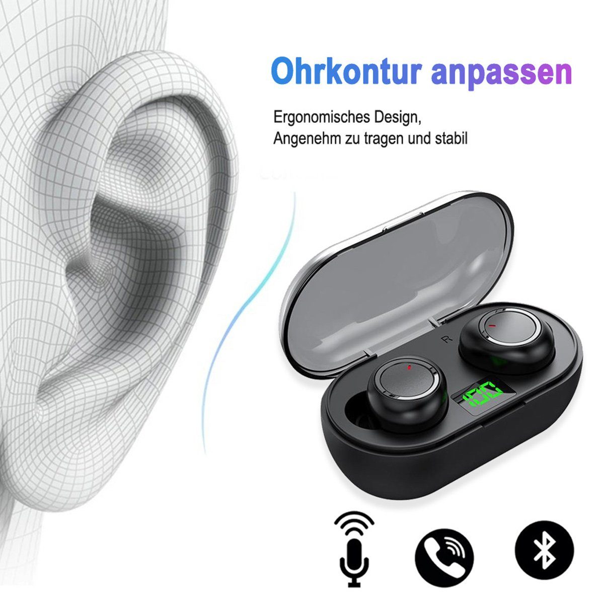 Jormftte Bluetooth Schwarz Bluetooth-Kopfhörer Kopfhörer Clip,LED-Leistungsanzeige,für Sport Open Ear