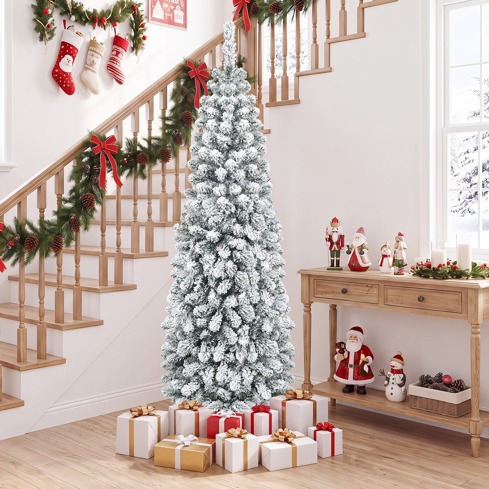 COSTWAY Künstlicher Weihnachtsbaum Tannenbaum schmal, 180 cm, inkl. 500 PVC Zweige mit Schnee