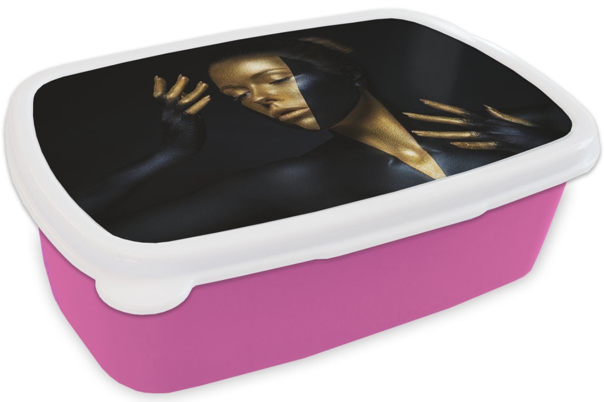 Brotbox Kunststoff Gold, - Make-up MuchoWow Luxus - für - Snackbox, Brotdose - (2-tlg), rosa Mädchen, Frau Kunststoff, Kunst Lunchbox Erwachsene, Kinder,