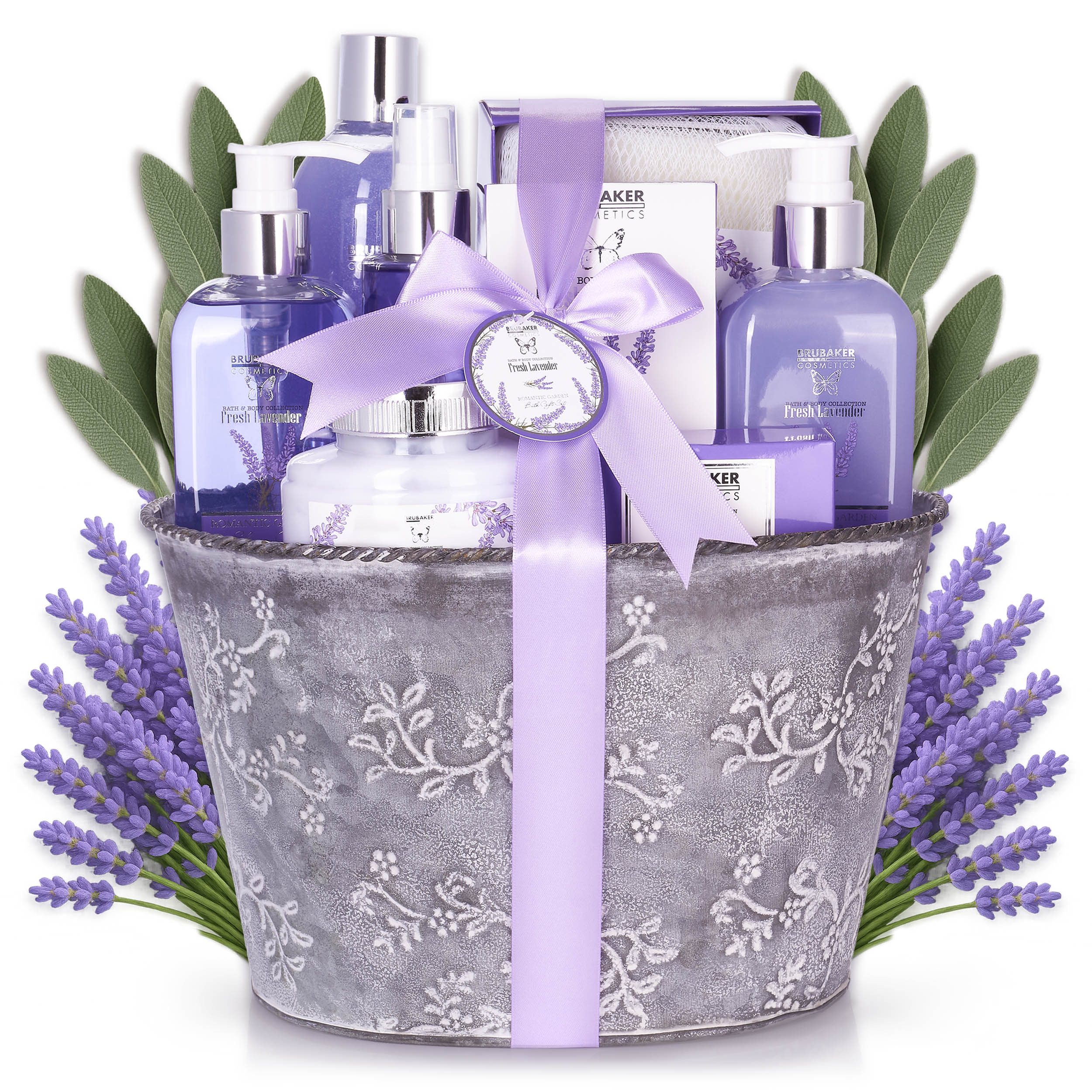 BRUBAKER Pflege-Geschenkset Dusch- und Badeset mit Lavendel Duft, Damen Wellness Pflegeset, Lila, 9-tlg., Frauen Beauty Geschenkset im Vintage Pflanzkübel
