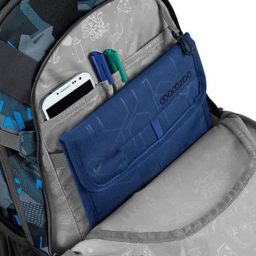 coocazoo Schulranzen Schulrucksack-Set MATE Blue Craft 3-teilig (Rucksack, Mäppchen, Sporttasche), ergonomisch, reflektiert, Körpergröße: 135 - 180 cm
