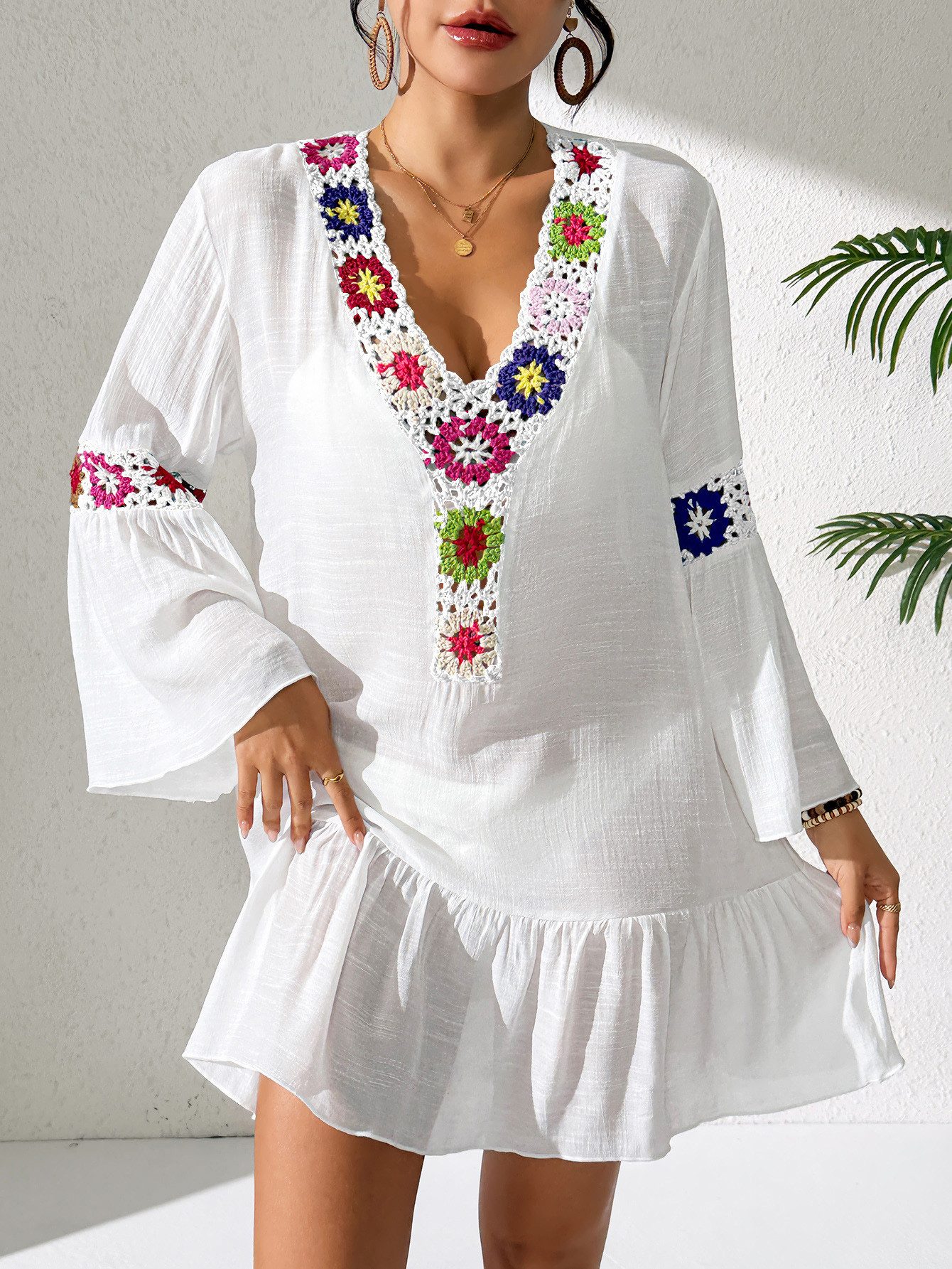 MOPUEA Strandkleid Strandkleid Damen Boho Tunika V Ausschnitt Häkelspitze Große Größen (1-tlg) Bikini Cover Up Mit Häkelblumen Volantsaum Strandtunika Sommerkleid