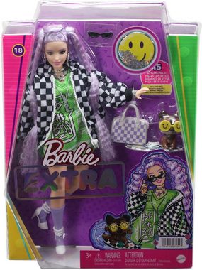 Barbie Anziehpuppe Extra, (Pastellviolett Haare) mit schwarz-weißer Jacke, Hund & Zubehör