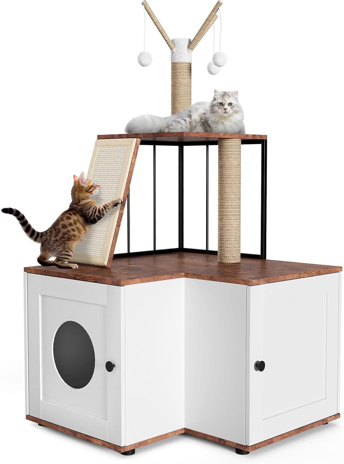 GarveeMore Katzentoilette mit Katzenbaum,2in1 Katzenturm für Hauskatzen, versteckte Katzentoilette mit Kratzbaum,hängenden Bällen,124cm