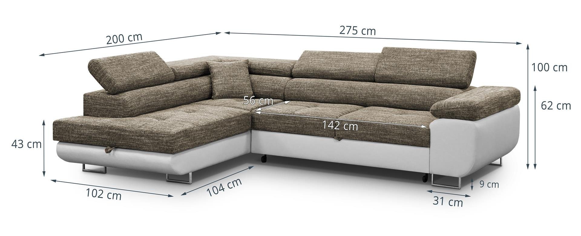 Eckcouch, Eckcouch Stilvoll Bettkasten Kopfstützen, inklusive modernes Vild, und Shlaffunktion Stil, Ecksofa im Beautysofa Einstellbare