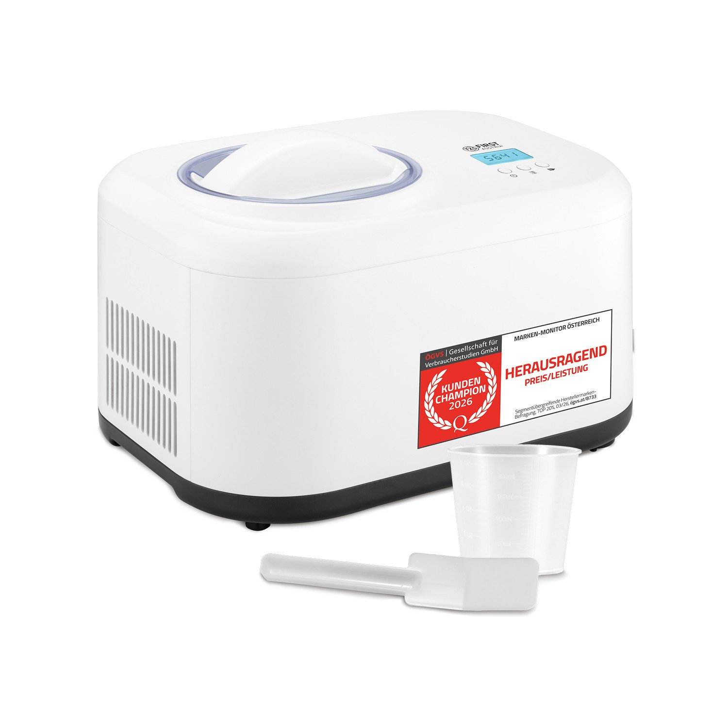 TZS FIRST AUSTRIA Eismaschine 1L, 100W, Kompressor & Kühlhaltefunktion, 60-Min Eis, 8-Std Joghurt, 1 l, 100 W, entnehmbarer 1L Eisbehälter, Eismaschine, inkl. Messbecher, Spatel
