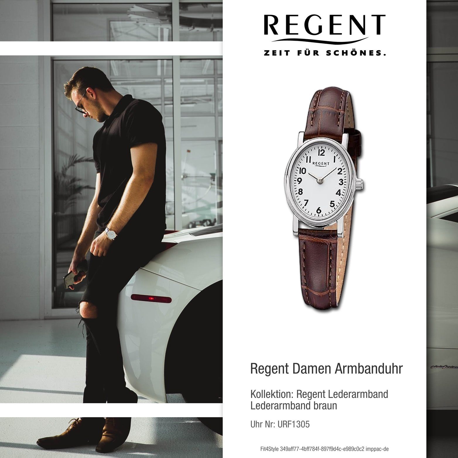 Regent Armbanduhr Damenuhr Quarzuhr extra Lederarmband groß rundes Analog, Regent Gehäuse, 28x32mm) Damen braun, (ca.