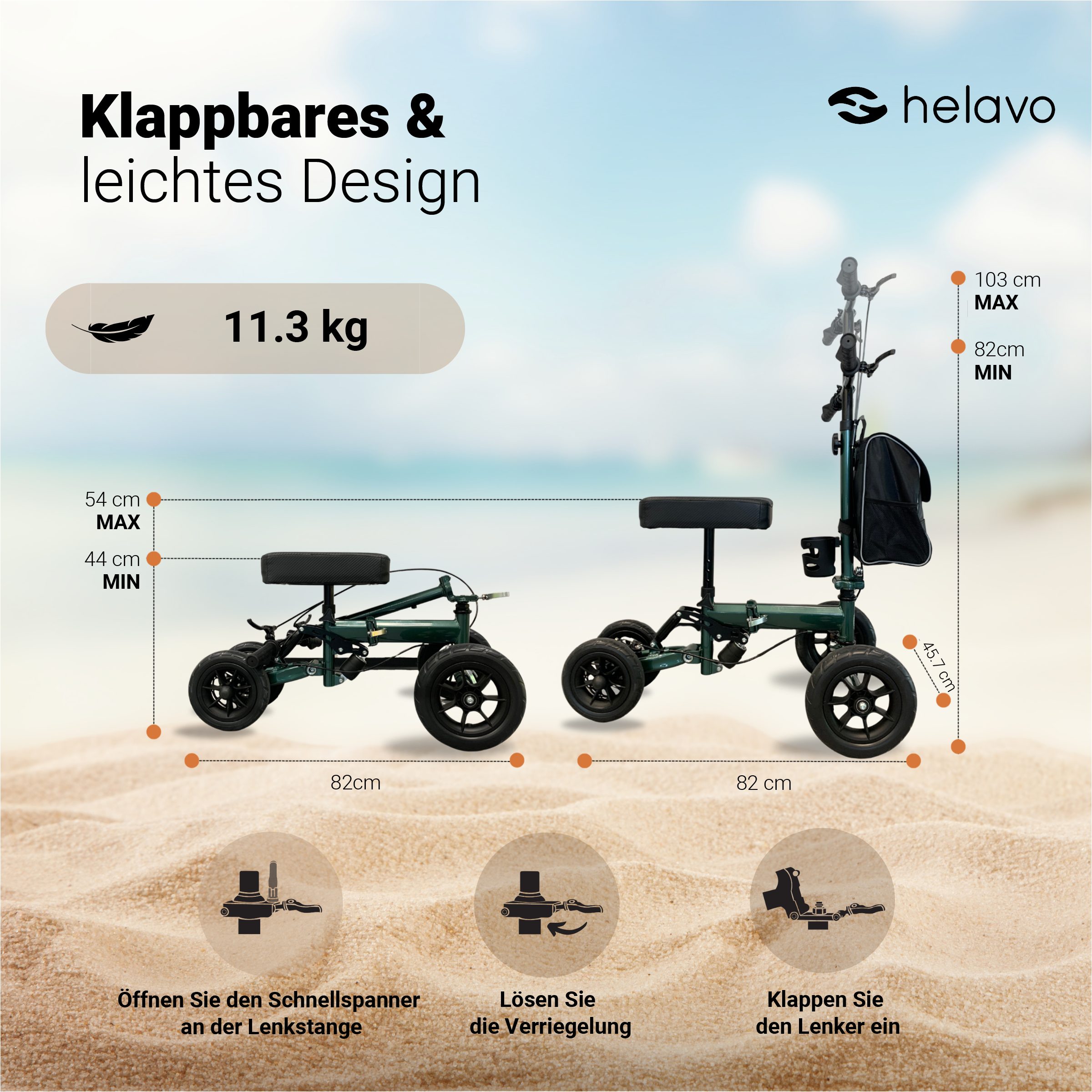 Helavo Rollator H1090, Knierollator faltbar & leicht mit Kniepolster, Scheibenbremse & Korb