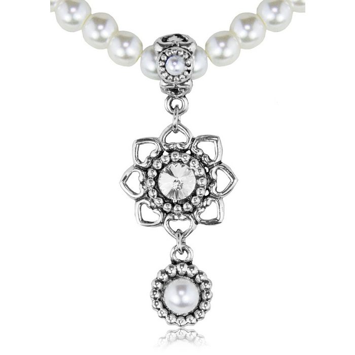 LUISIA® Perlenkette Halskette mit Anhänger Herzblüte und Perlenanhänger - Schmuck Collier für Hochzeit als Brautschmuck zu Dirndl und Trachten (1-tlg. inkl. Schmuckbox)
