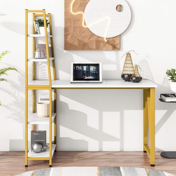Welikera Arbeitstisch Computertisch mit 5 Tier Bücherregal,Schreibtisch 120cm,Bürotisch, für Home Kleiner Raum Office Tische(Weiß + Gold)