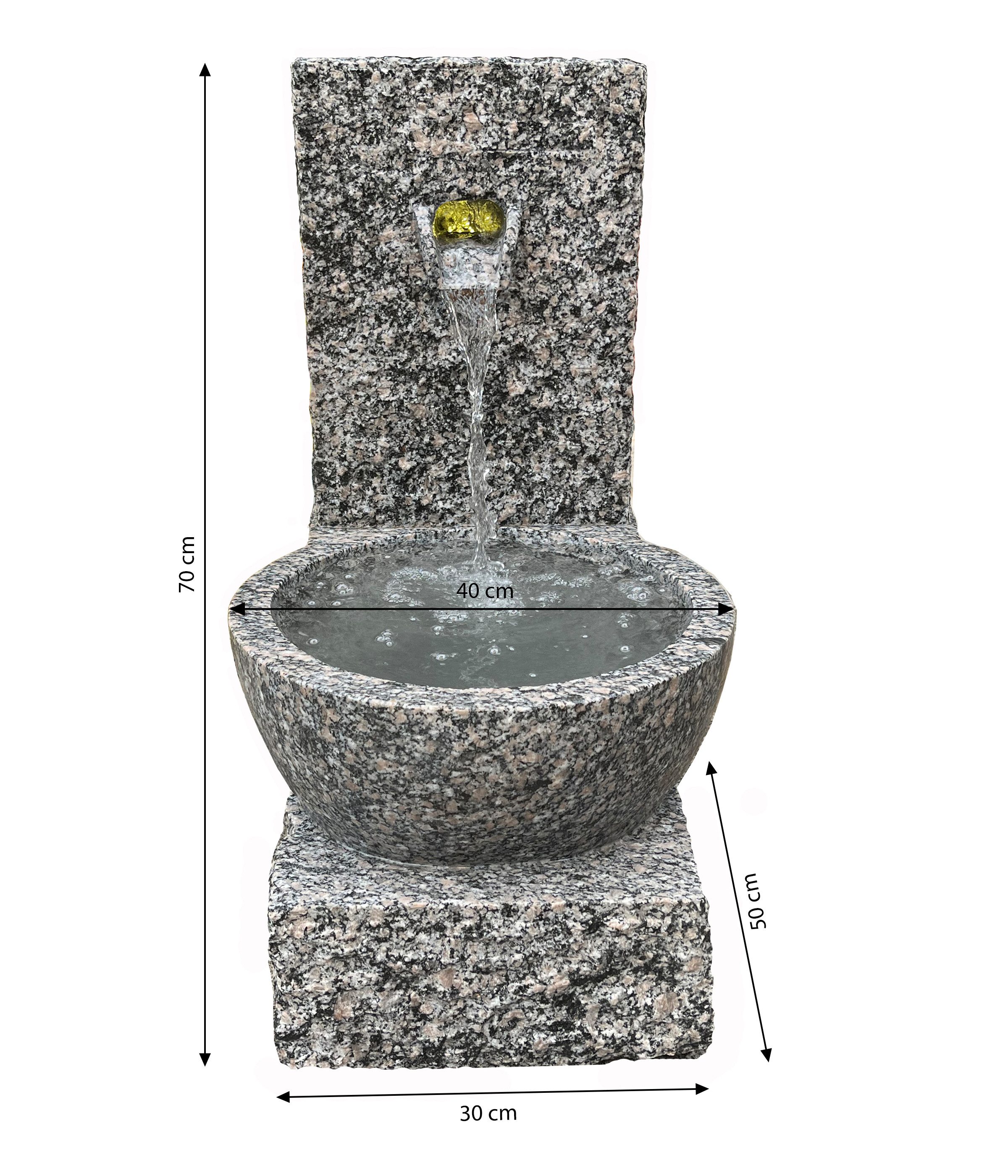 Dehner Gartenbrunnen Peel, 70 x 50 x 50 cm, Granit, 50 cm Breite, frostbeständiger Außenbrunnen, Komplett-Set mit Pumpe / Trafo / LED