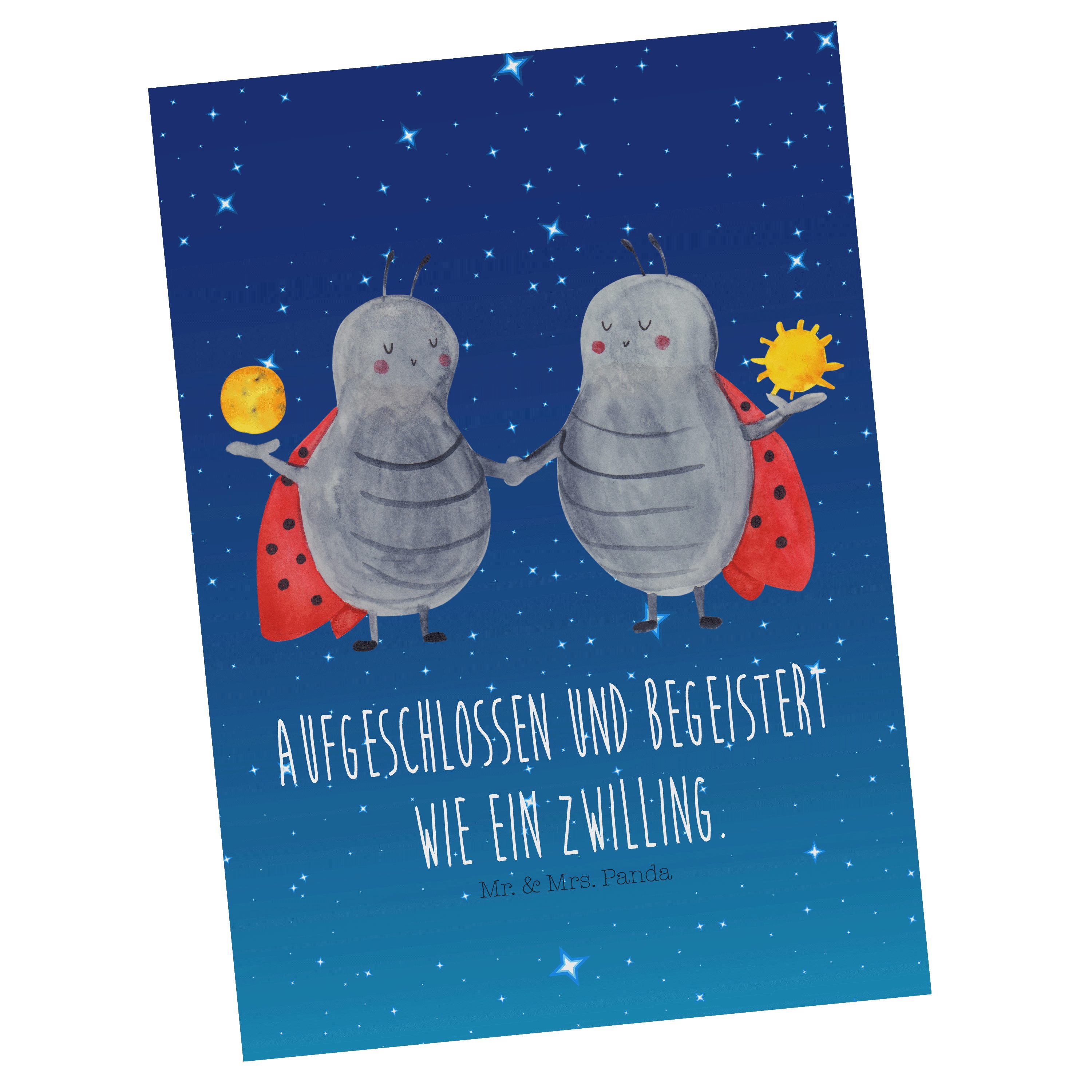 Sternzeichen Mr. Sternenhimmel - Geschenk, Mrs. - Zwillingsschwe Postkarte Zwilling Panda Blau &