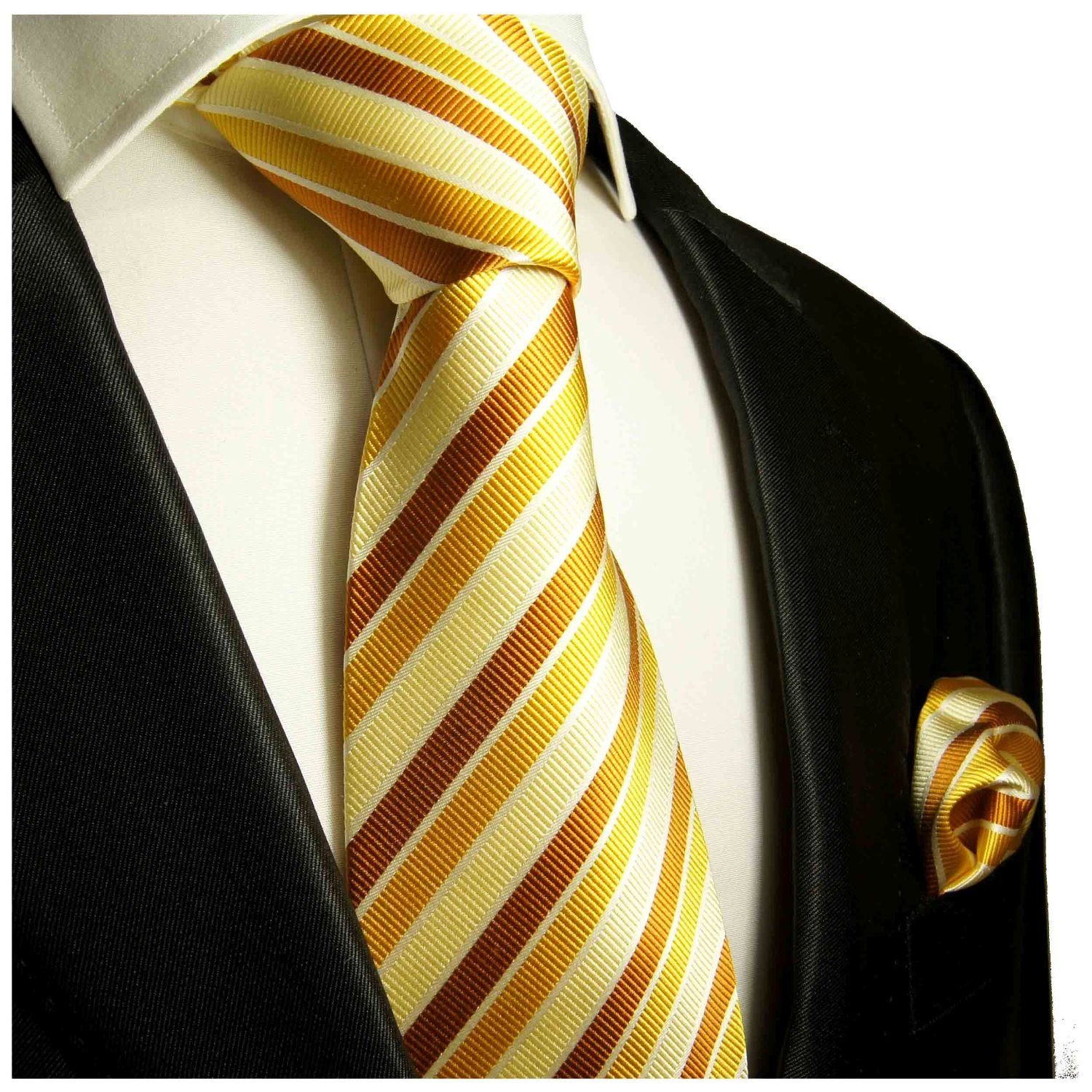 Seide gold Herren gelb Schmal Krawatte Einstecktuch) (Set, mit (6cm), braun 272 Malone Seidenkrawatte mit Paul gestreift 100% 2-St., Tuch modern Krawatte