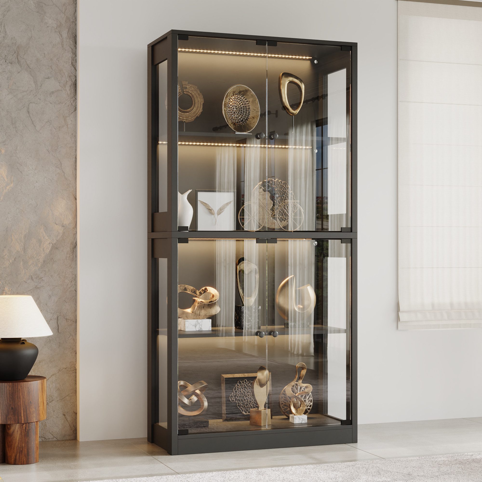 FUFU&GAGA Glasvitrine 165cm hoch mit 3-Farben LED Sammlervitrine Sicherheitsglas