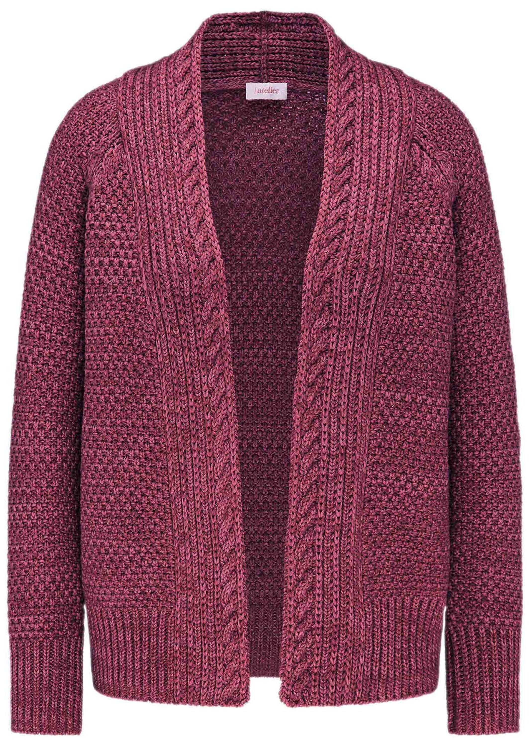 GOLDNER Strickjacke Elegante Grobstrickjacke, Zopfmuster Verschlusslose Baumwolljacke mit Schalkragen und Langarm