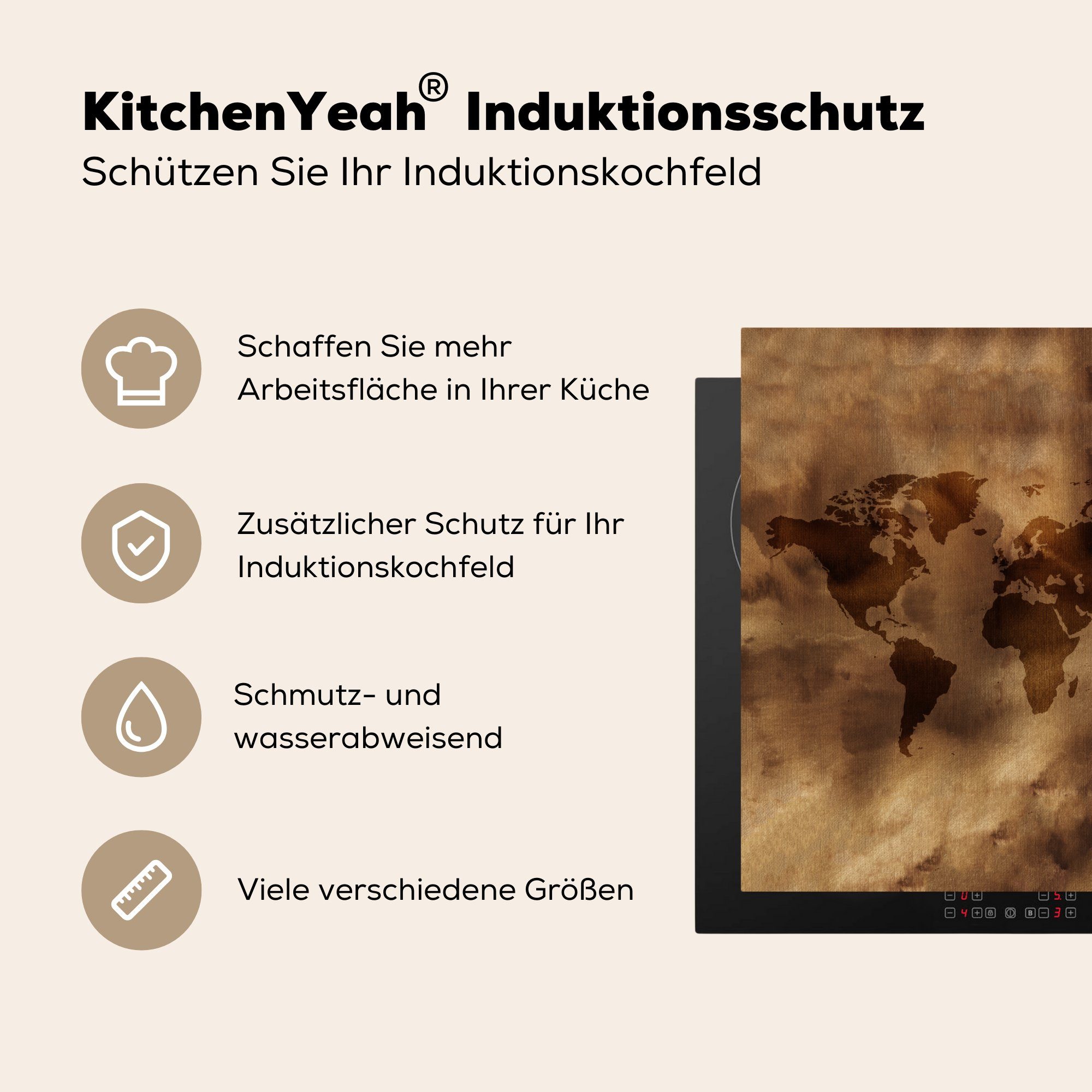 MuchoWow Herdblende-/Abdeckplatte Weltkarte küche tlg), - Ceranfeldabdeckung, Retro (1 Braun, cm, Vinyl, Arbeitsplatte 78x78 für 