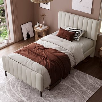 OKWISH Polsterbett Einzelbett verstellbares Kopfteil Leinen (90x200cm), Jugendbett für Schlafzimmer Gästezimmer-Leinenmaterial