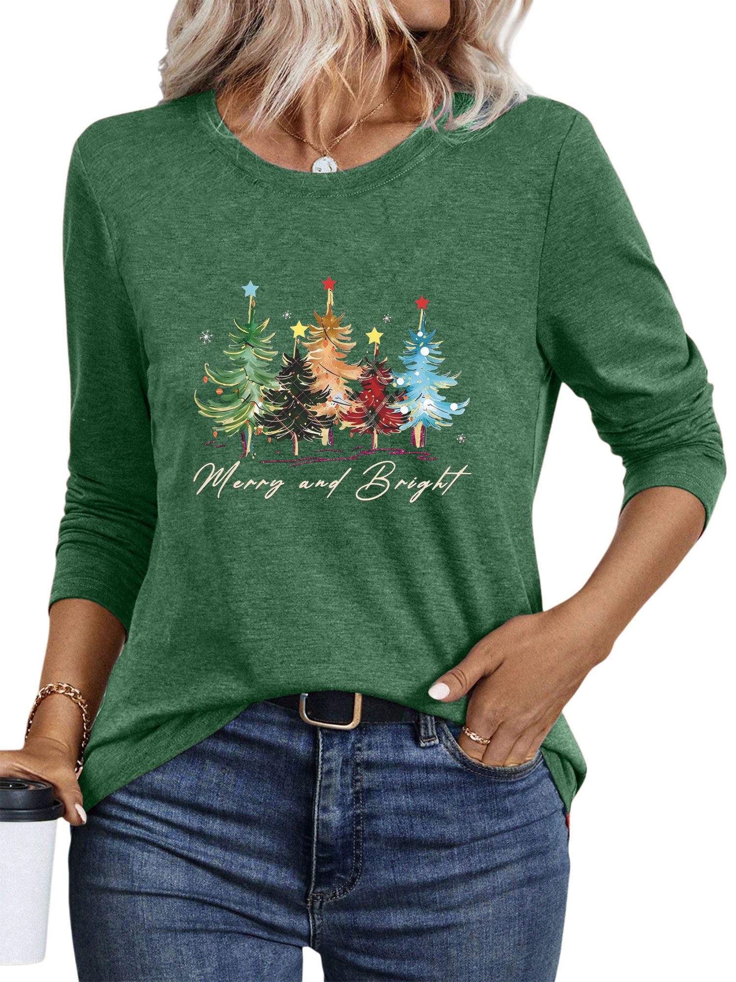 PYLIKE Print-Shirt Damen bequemes Langarmshirts Festlich Weihnachtsbaum Pri günstig online kaufen
