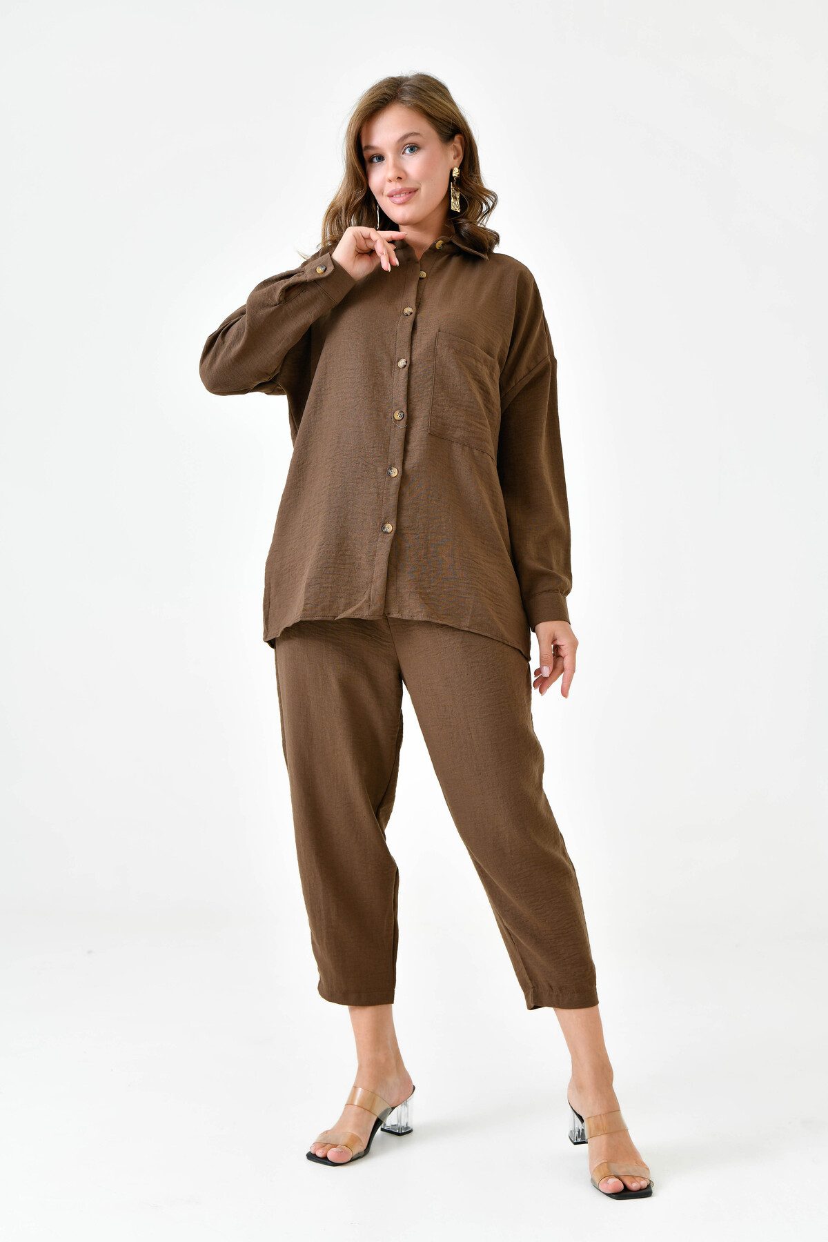 WOMAN VISION Blusentop Zweiteiliges Oversize-Set aus Hemd und Hose mit einer Tasche