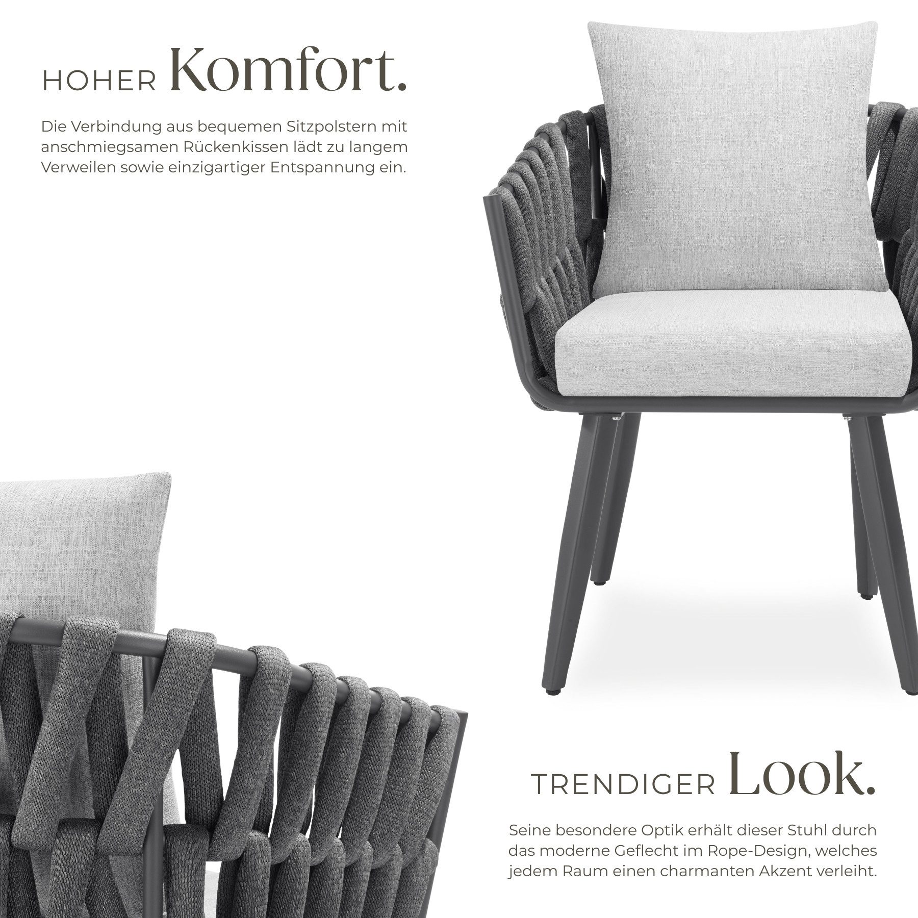 tectake Gartenstuhl Balkonstuhl im Rope-Design, höhenverstellbar, 61 x 60 x 73 cm (Terrassenstuhl für Außen in Antrazit, 2 St), wetterfest und UV-beständig, dicke Polsterung, Belastbarkeit je 120 kg