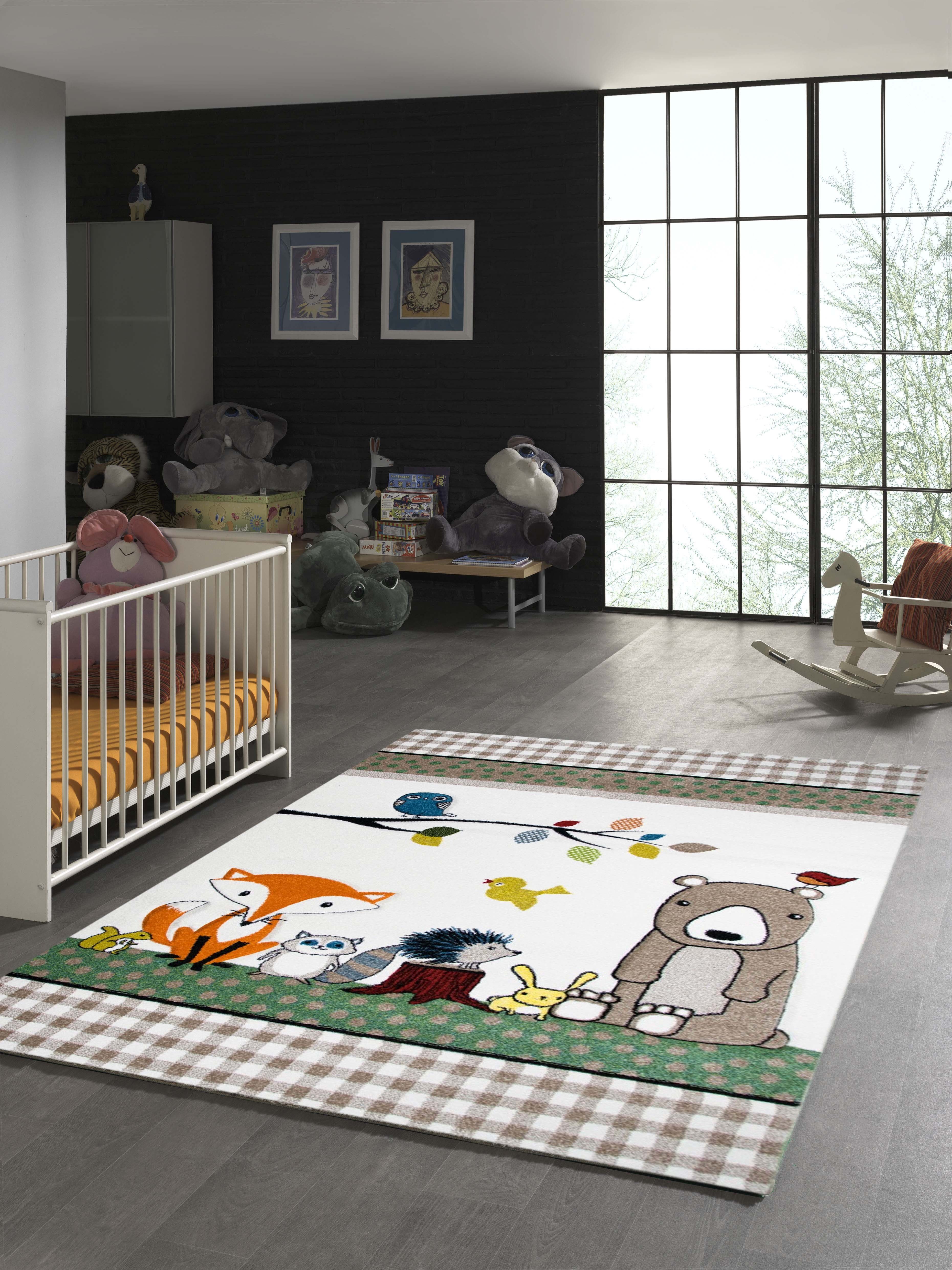 TeppichHome24 Kinderteppich Kinderteppich bunte Tiere mit Bär Fuchs Hase Igel Eule Vögel, rechteckig, Höhe: 1.3 mm