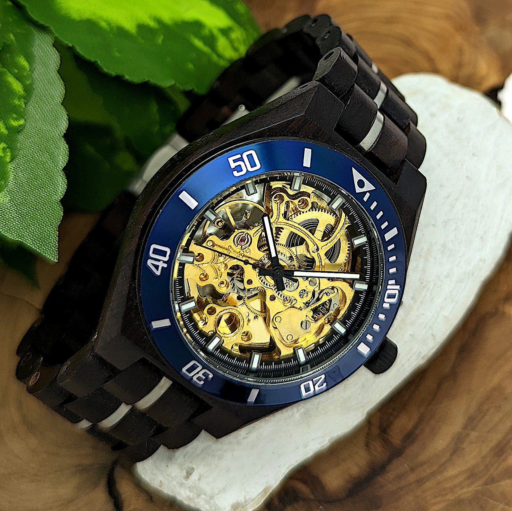 Armband Edelstahl Herren schwarz, blau gold, Uhr in DELITZSCH Automatikuhr & Holzwerk Holz