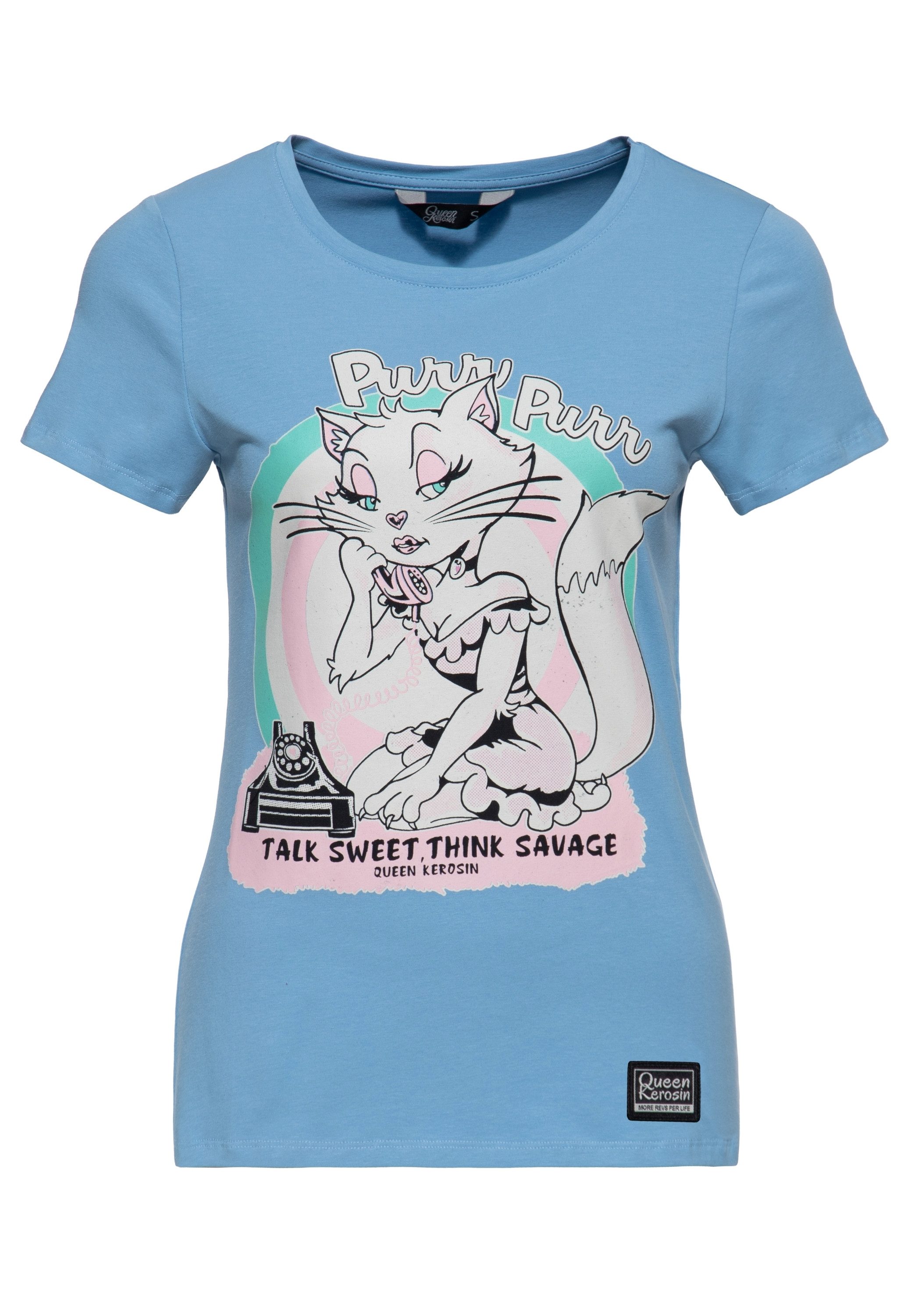 QueenKerosin Print-Shirt Talk Sweet Mehrfarbiger Cartoon-Print mit Katze am Wählscheibentelefon