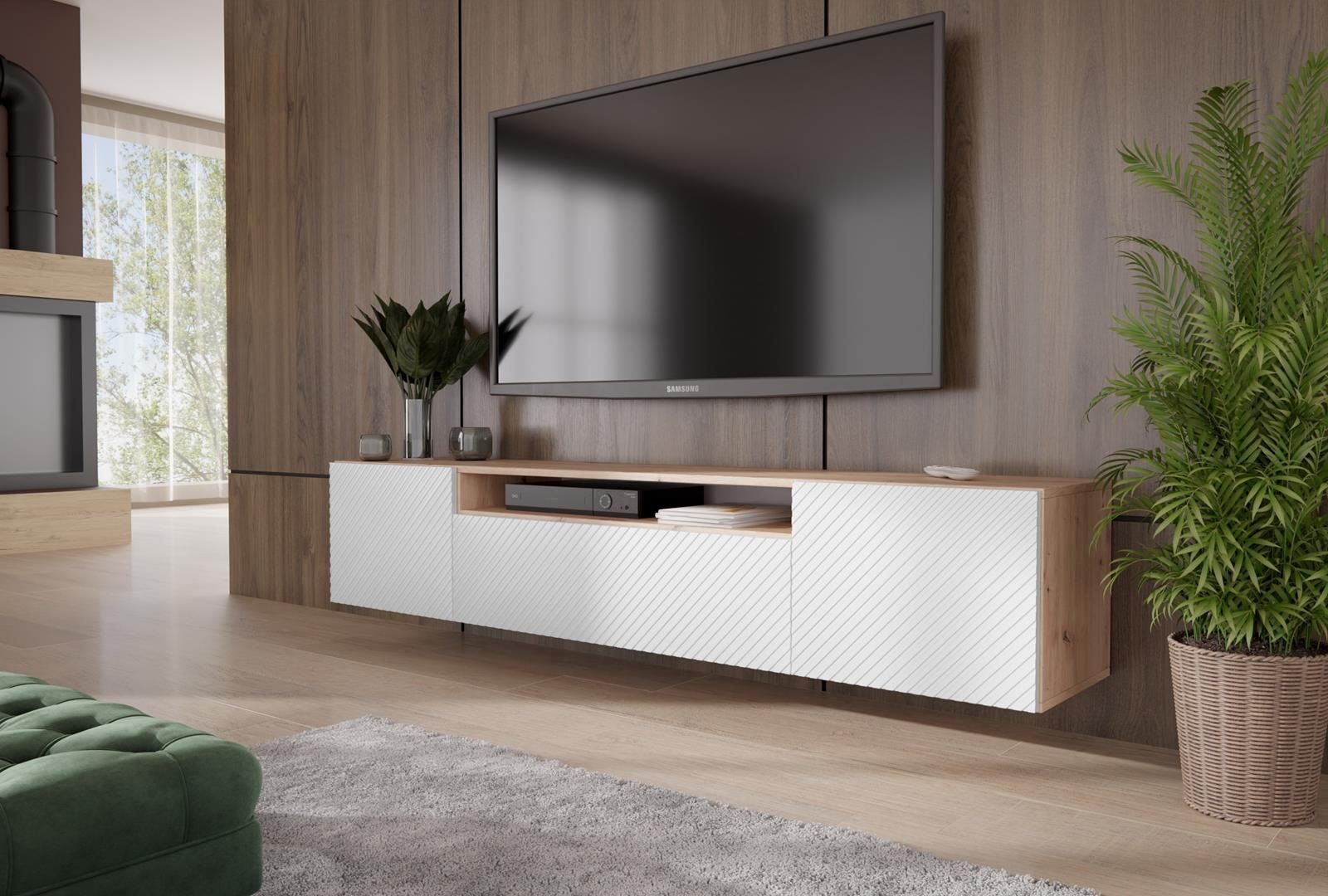 Beautysofa TV-Schrank Rio (Scharniertüren mit Push-To-Open Funktion, gefräst Fronten) Breite 200 cm, dreitürig Lowboard mit wandmontage Eiche artisan + weiß