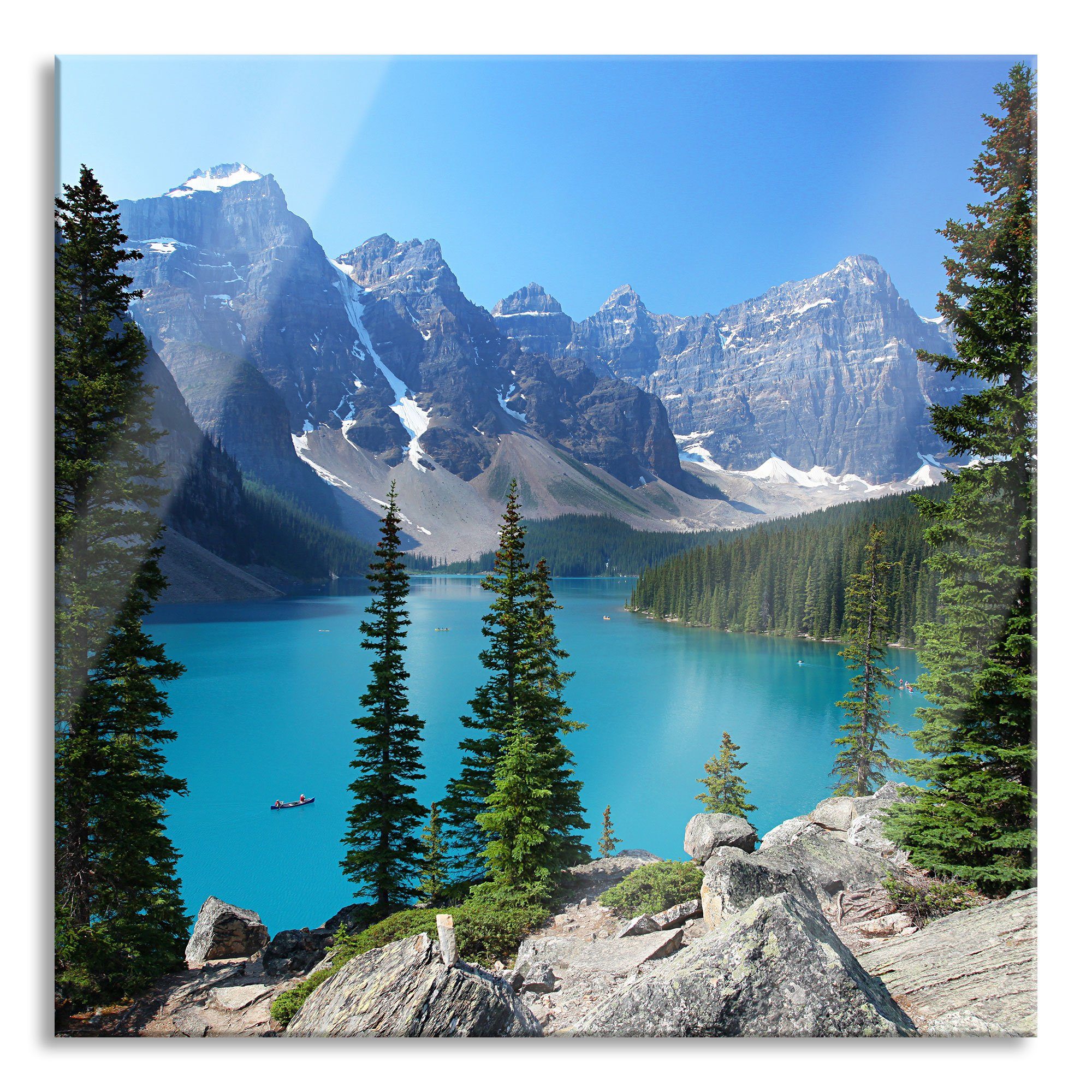 Pixxprint Glasbild Moraine Lake kanadische Berge, Moraine Lake kanadische Berge (1 St), Glasbild aus Echtglas, inkl. Aufhängungen und Abstandshalter