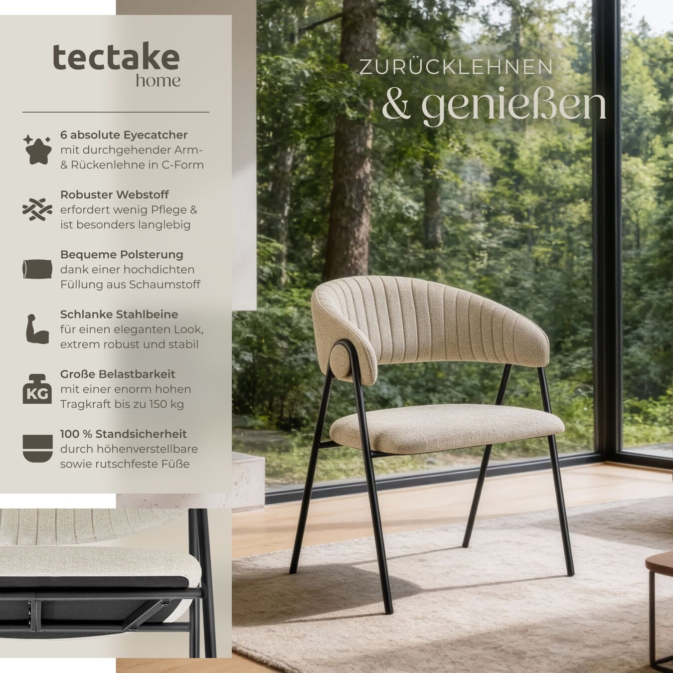 tectake Esszimmerstuhl Armlehnstuhl Bedano, gepolstert, Webstoff, Belastbar günstig online kaufen
