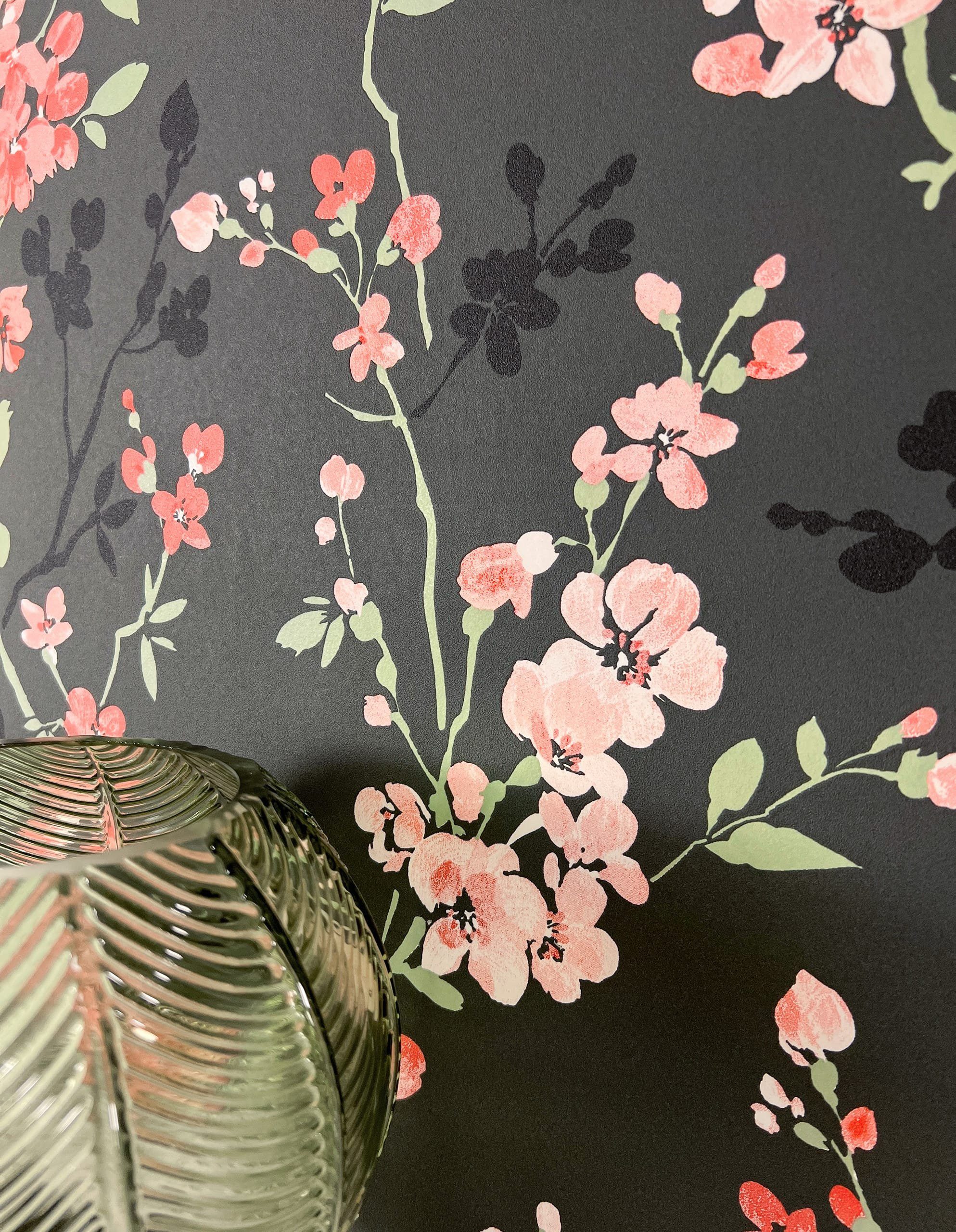 Newroom Vliestapete Mesha Black Tapete Tapete Blumen,Blüten,Blätter, Anthrazit Tapete Floral Blumen - Tapete Blumentapete Rosa Grün Romantisch 3D Optik Blüten Blätter für Wohnzimmer Schlafzimmer Küche, Blumentapete