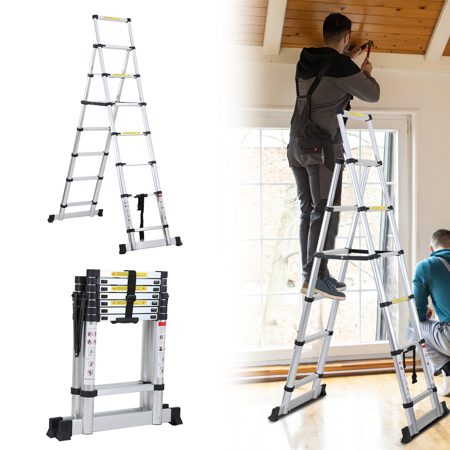 Clanmacy Teleskopleiter Aluminium Teleskopleiter 2,3M Silber, Leiter Ausziehbar Klappleiter, M (Teleskopleiter,Anlegeleiter,Klappleiter,Schiebeleiter, Hochleistungs-Teleskopleiter, Hochwertiges Aluminiummaterial), Mühelose Portabilität Unabhängige Verrieg