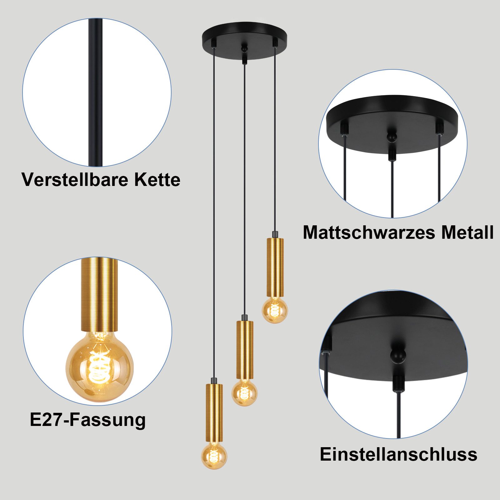 ZMH Pendelleuchte Esszimmer Gold 3 Flammig E27 Hängend 135CM wohnzimmerlamp günstig online kaufen