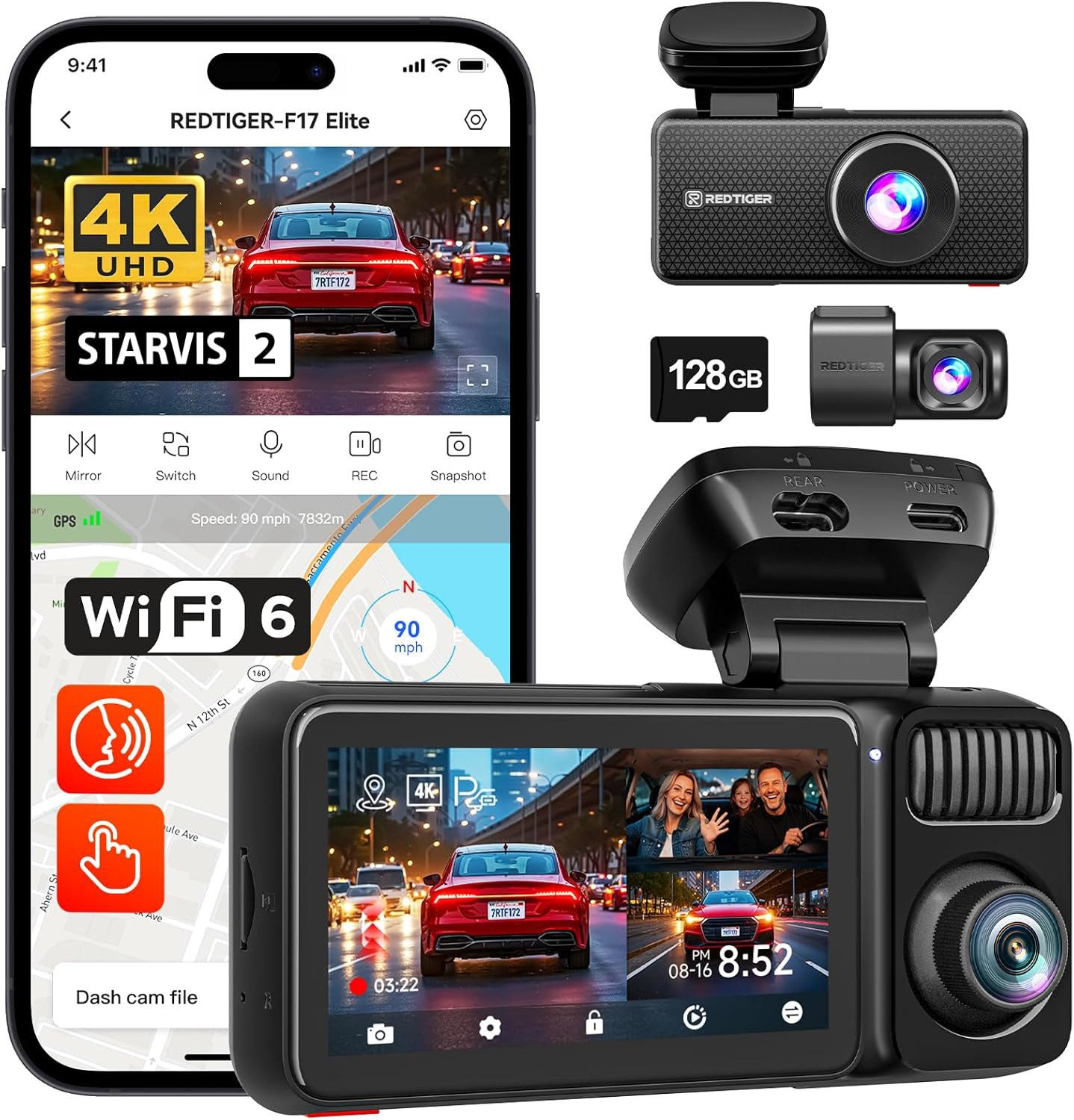 REDTIGER F17 Elite, 3-Kanal 4K+2,5K+1080P 24/7 Ultra-Farbe Wifi6 Dashcam Rückfahrkamera