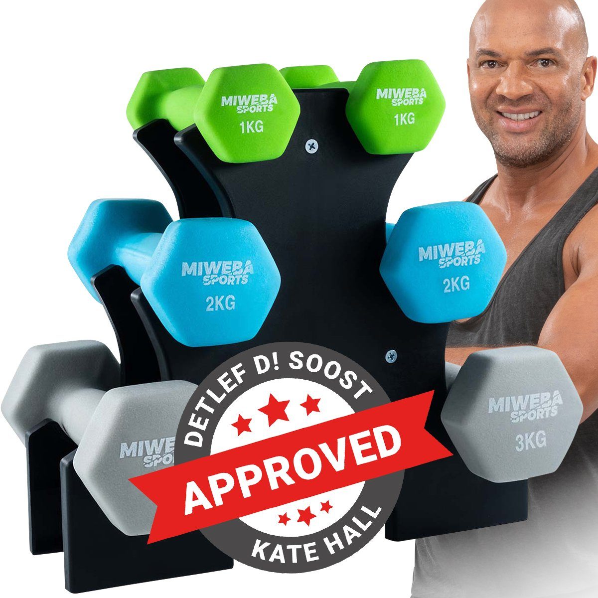 Miweba Sports Hantel-Set Premium Gymnastikhantel-Set NKH120 inkl. Hantelablage, (rutschfest - Fitness Sport Muskelaufbau Training Hantel Set Kurzhantelset Kettlebell Set, 3 Farben, Neopren, Hexagon-Form, 1 kg - 2 kg - 3 kg), Kurzhantel Aerobic Hantel Set Fitnesshanteln Gewichte