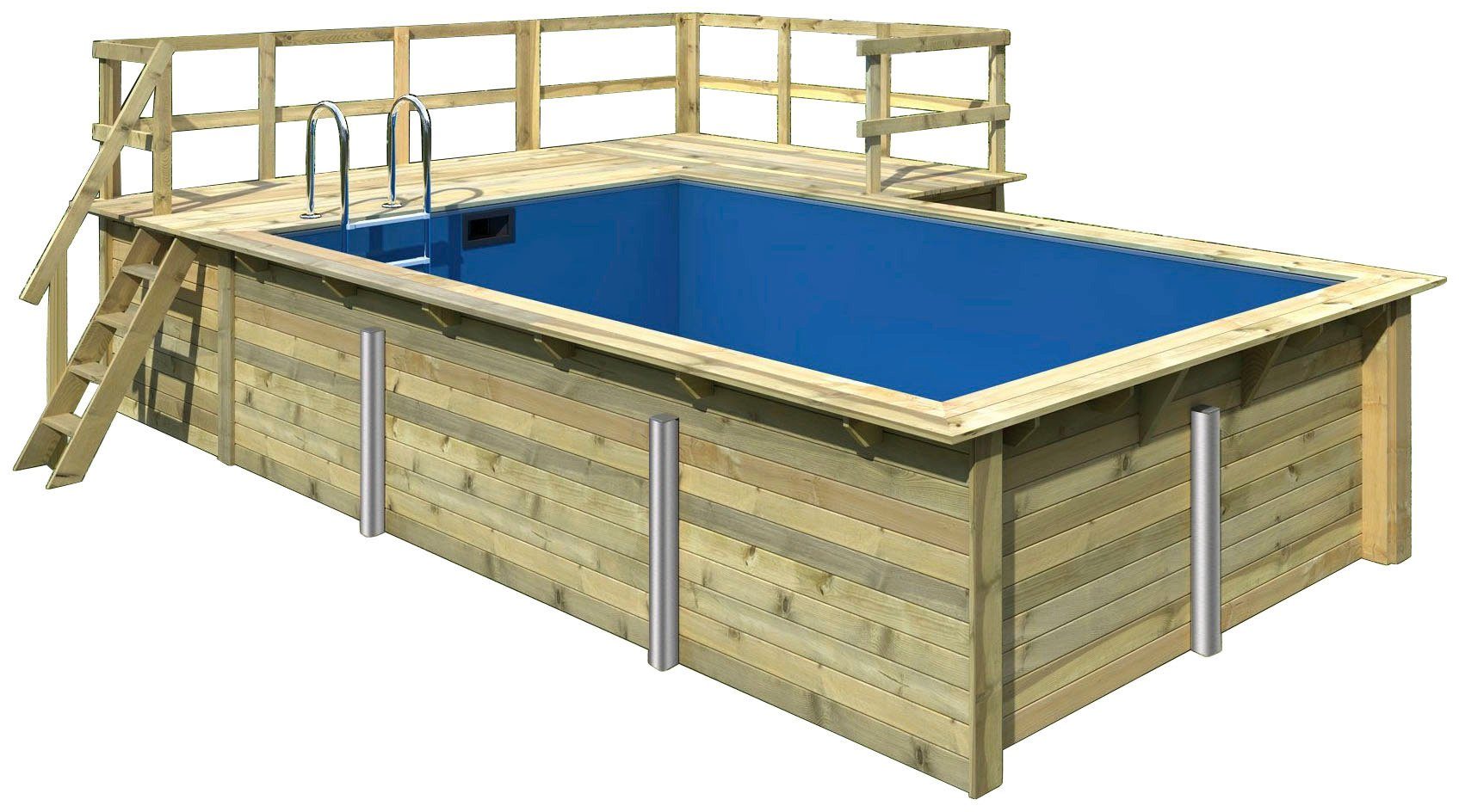 Karibu Rechteckpool Malta B BxLxH: 353x530x124 cm mit Sonnendeck und Ecke (Set), 44 mm starke kesseldruckimprägnierte Holzbohlen aus Fichtenholz