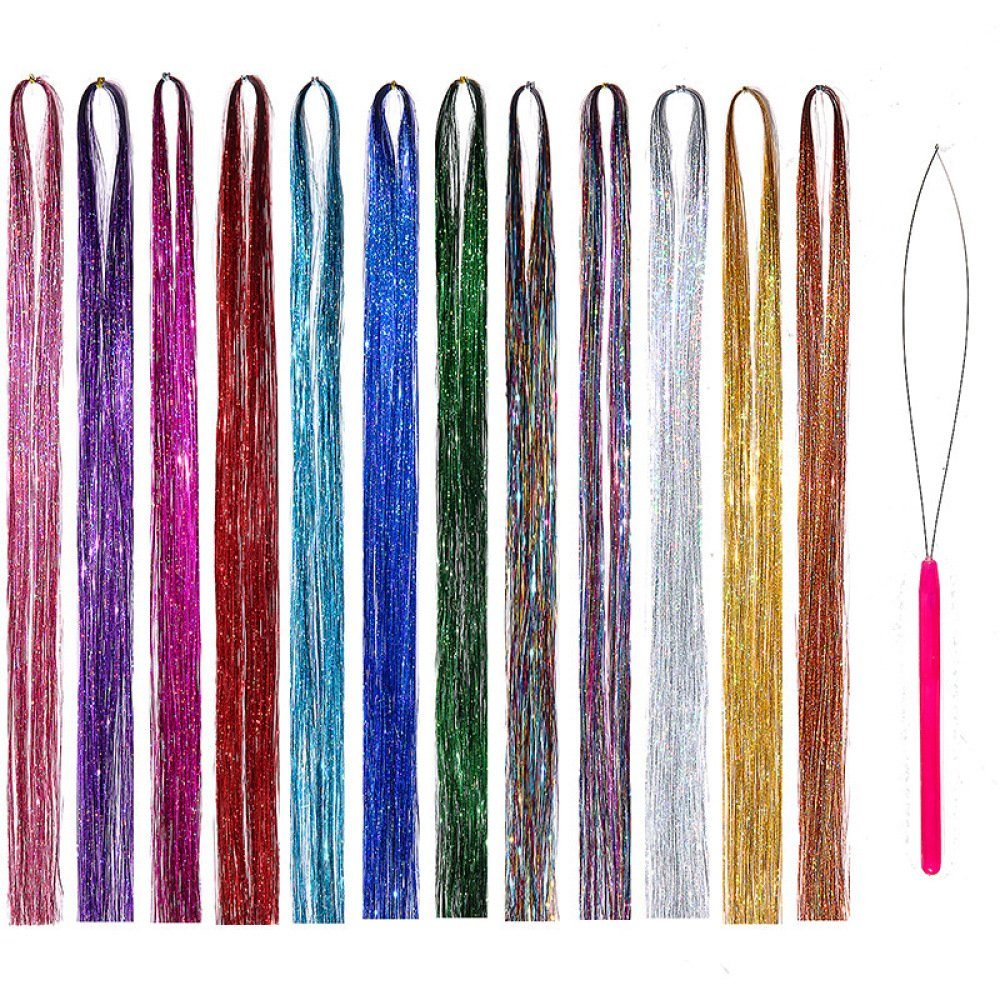Jormftte Haarband Lametta-Haarverlängerung, mit Werkzeug, 12  Farben,glitzern, Satz, 1 x 12-farbiger Haarverlängerungs-Golddraht 1 x  gehäkelt, Einstellbar