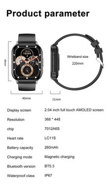 Tidy HK26 BIG quadratische Form AMOLED Touchscreen 2,5 D Glas Smartwatch (2,04 Zoll), Fitness Tracker