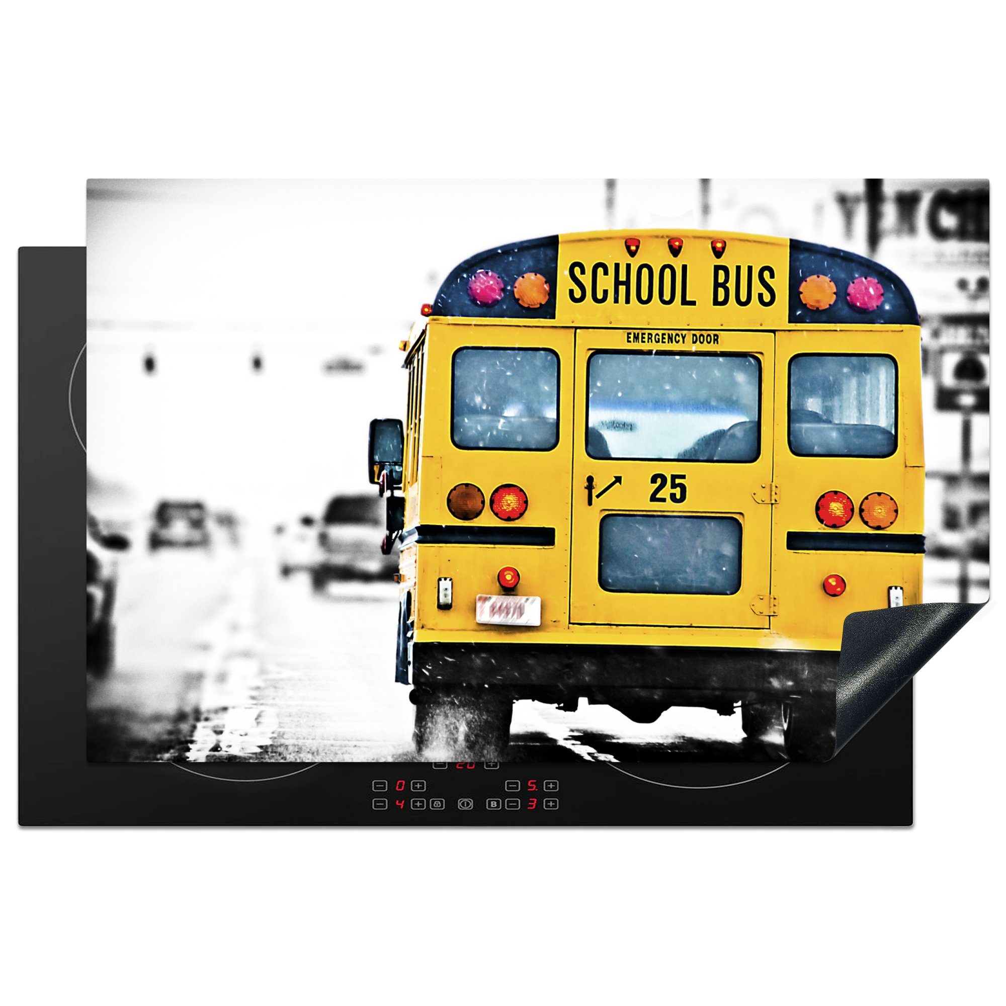 MuchoWow Herdblende-/Abdeckplatte Rückansicht eines amerikanischen Schulbusses, Vinyl, (1 tlg), 81x52 cm, Induktionskochfeld Schutz für die küche, Ceranfeldabdeckung