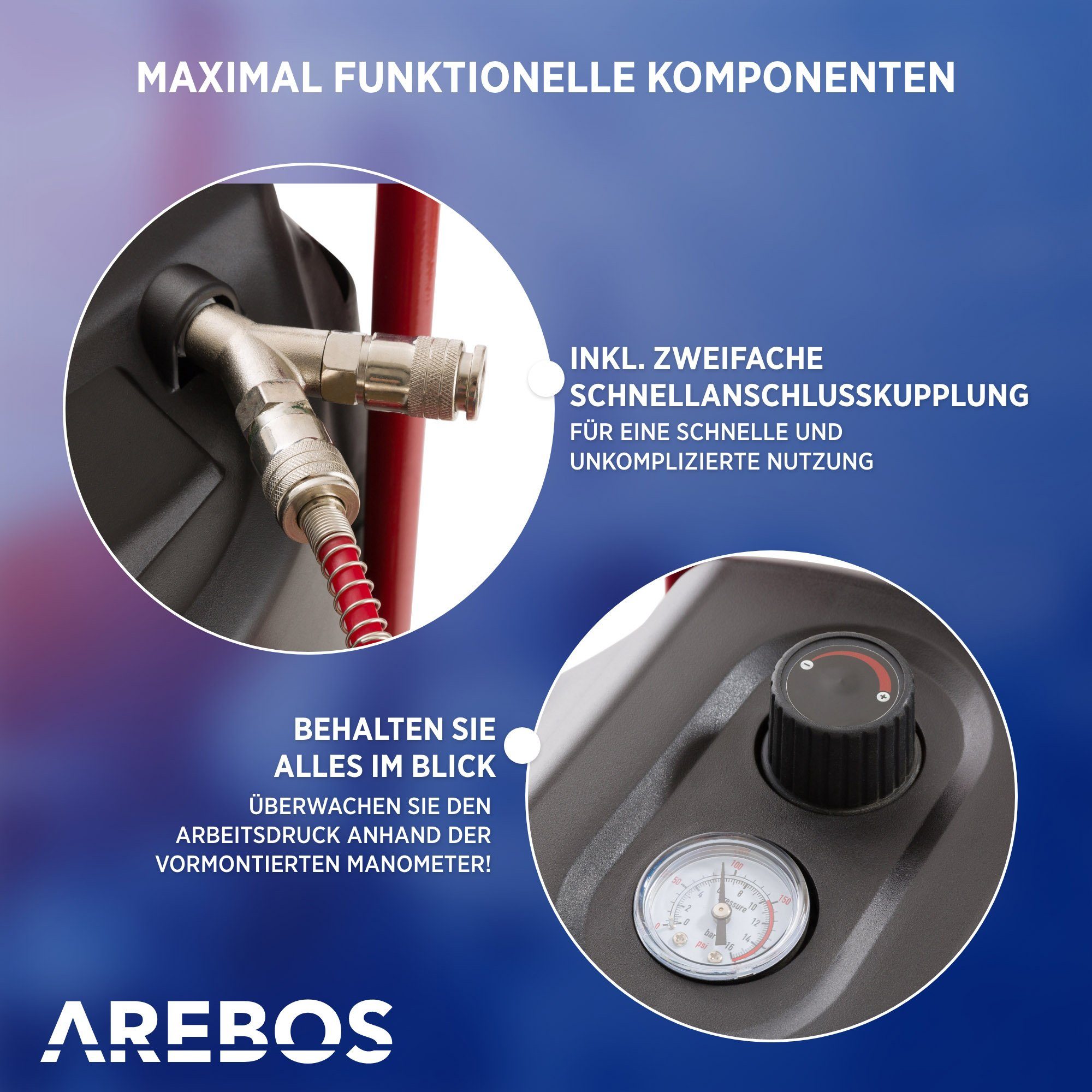 Arebos Kompressor Druckluftkompressor, Luftkompressor, inkl. 13-tlg. Zubehör, 1500 W, max. 10,00 bar, 50,00 l, Luftkompressor 50 L, 14-tlg., Set, stehend