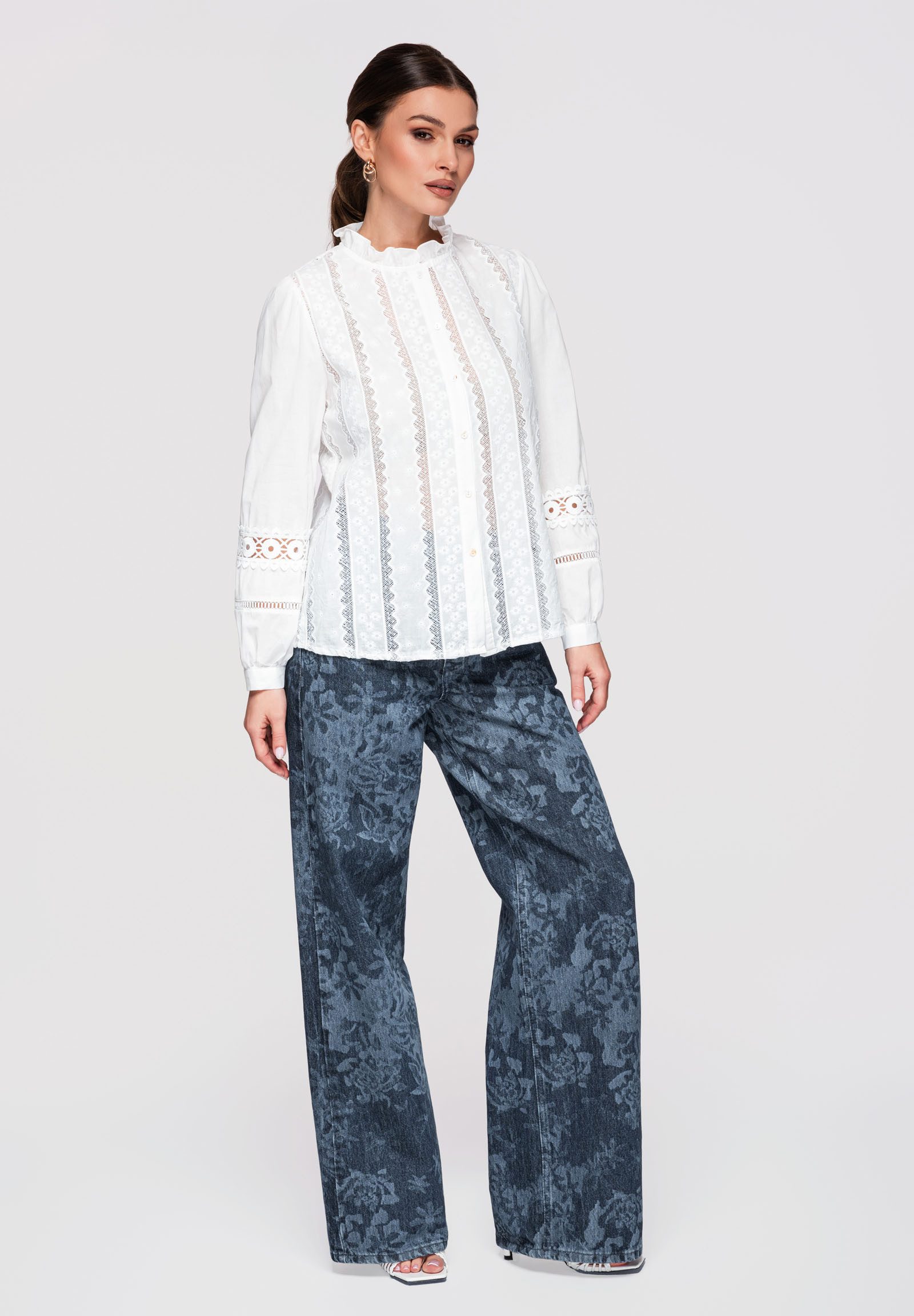 OMBRE Hemdbluse Damen Baumwollhemdbluse mit Spitze & Stickerei Weiß M (kein Set, 1-tlg) Haftdetails, Ażurowe wstawki