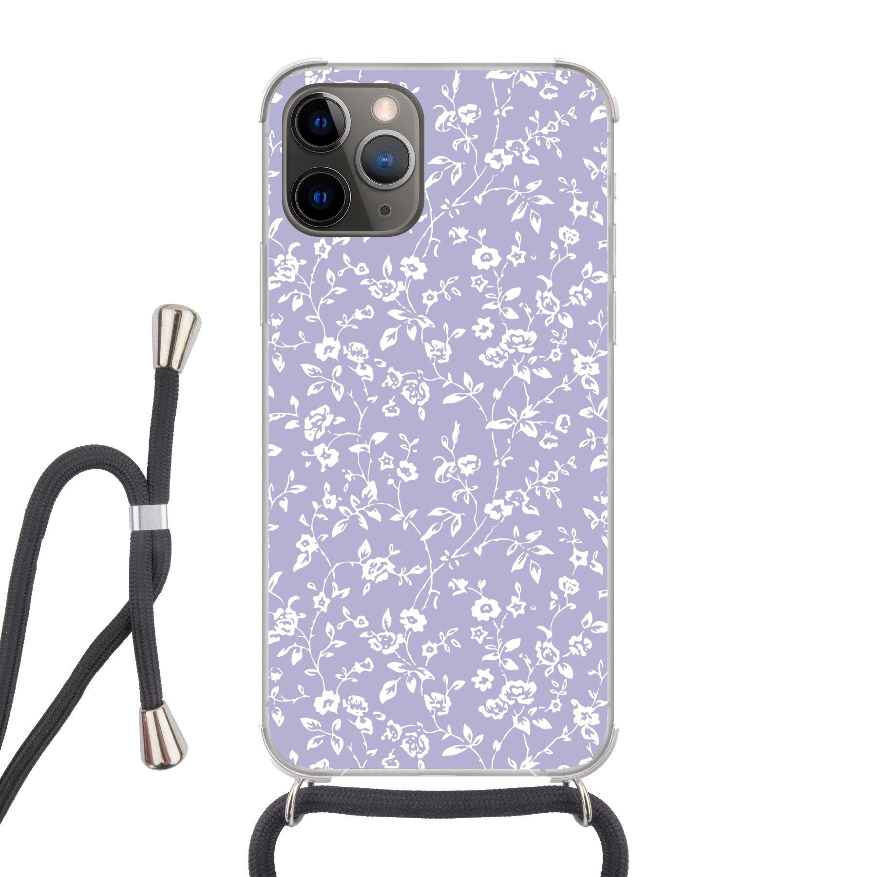 MuchoWow Handyhülle für Apple iPhone 13 Pro Max Florales Muster - Lila - Weiß - Blumen, Tragbare Handyhüllen mit Kette zum umhängen, Handykette Handyband