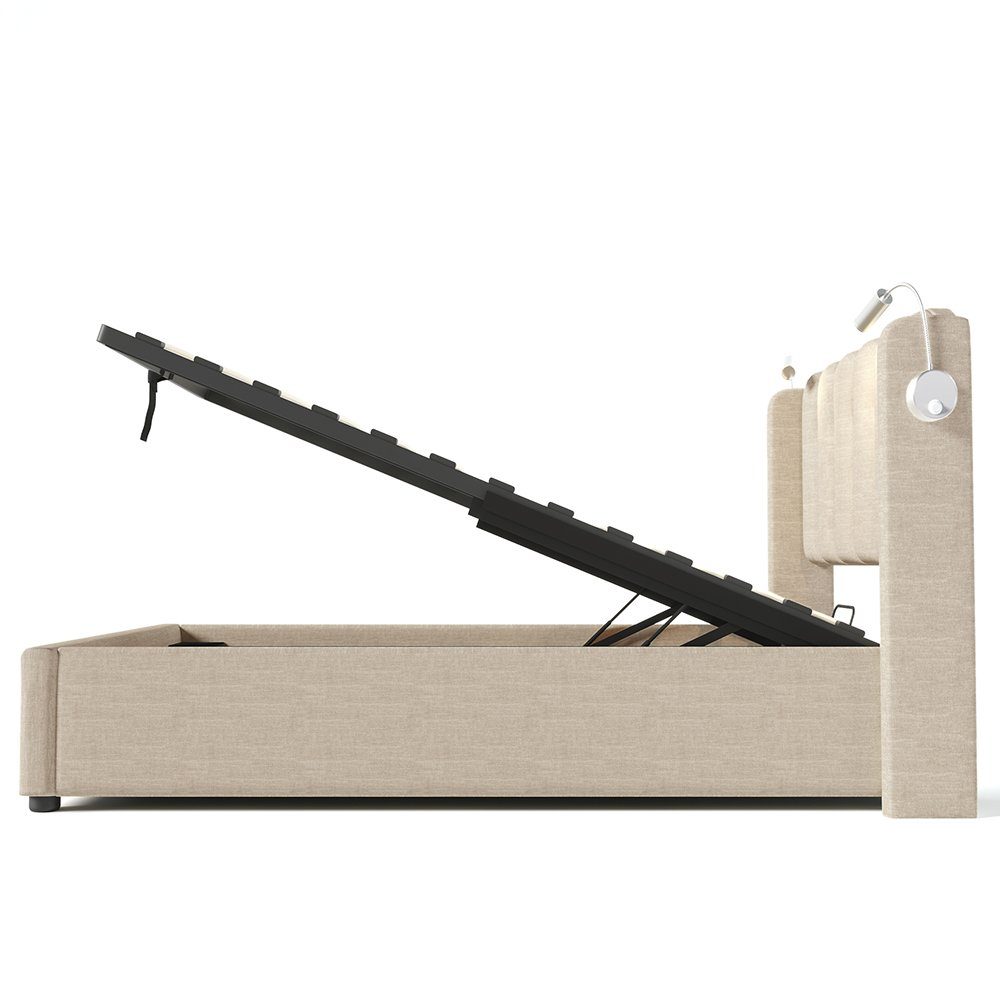 Polsterbett (Hydraulisches Stauraumbett mit Lattenrost), Einzelbett 90x200cm mit Leselicht, Ladefunktion, Leinen, Ohne Matratze