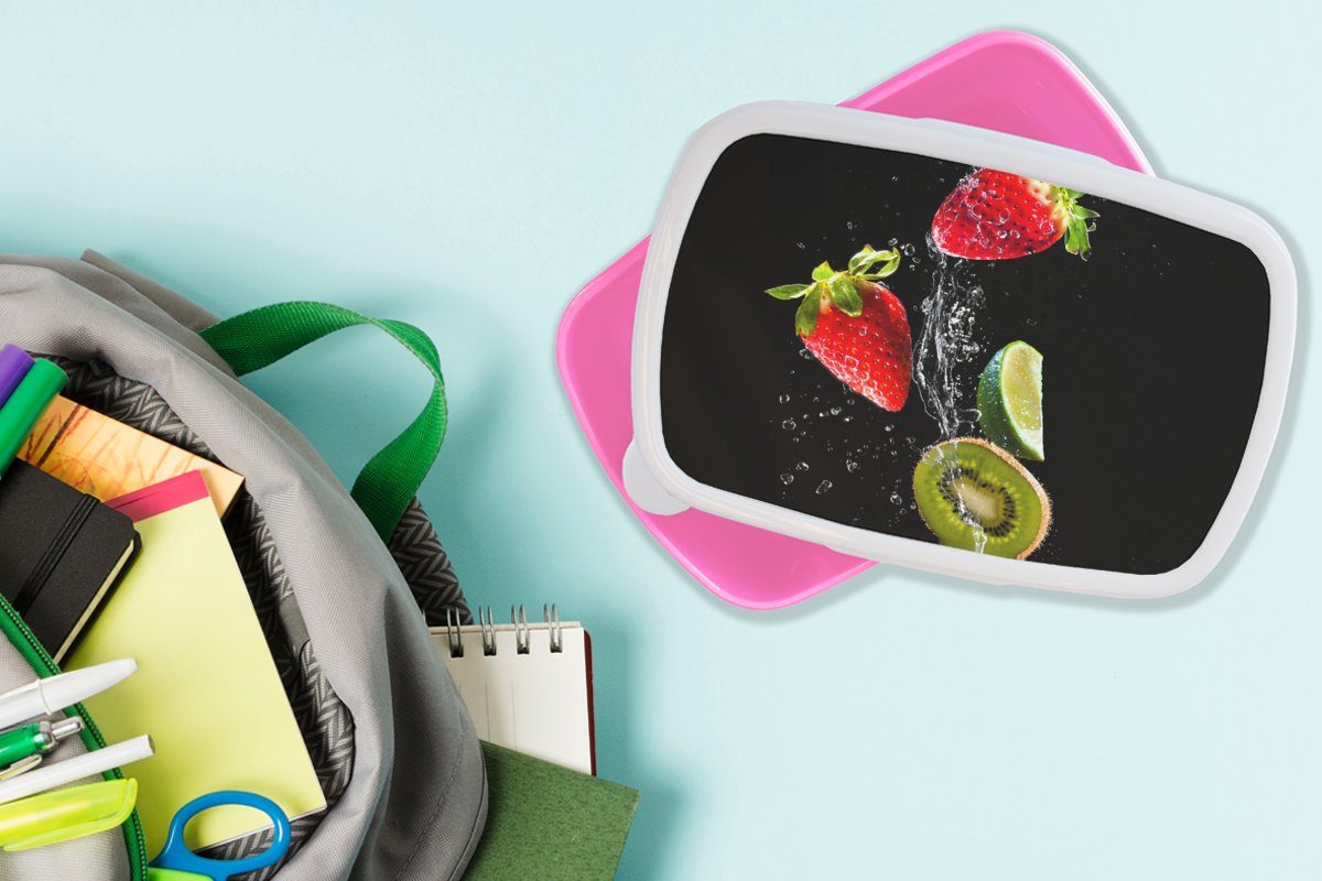 MuchoWow Obst Stillleben Erwachsene, für - Wasser Snackbox, - rosa - - Kiwi, Kinder, Kunststoff, Mädchen, Erdbeere (2-tlg), Lunchbox Schwarz Brotbox Kunststoff Brotdose
